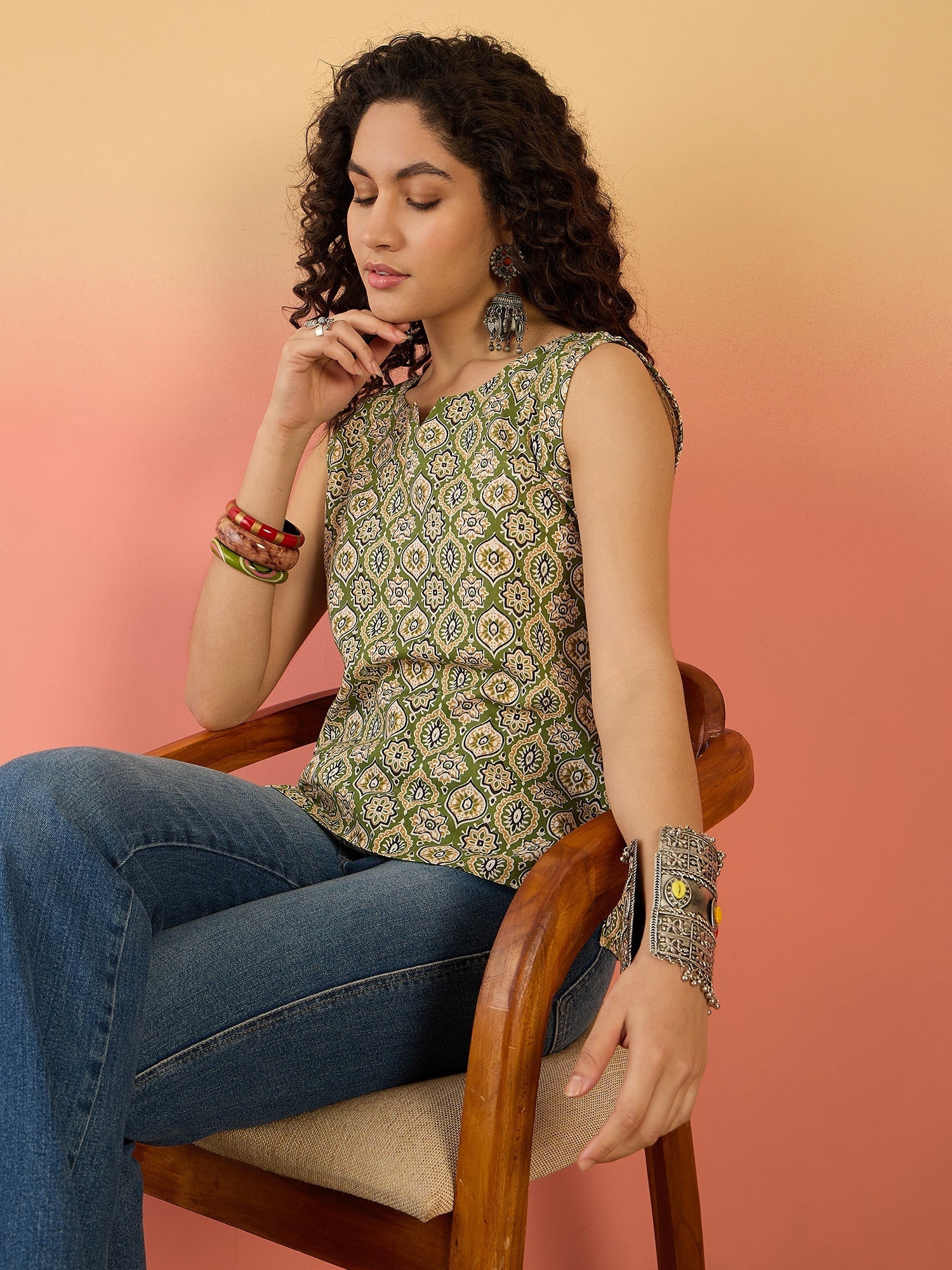 InWeave Olive Ajarakh W/S Top - Swadesiicart