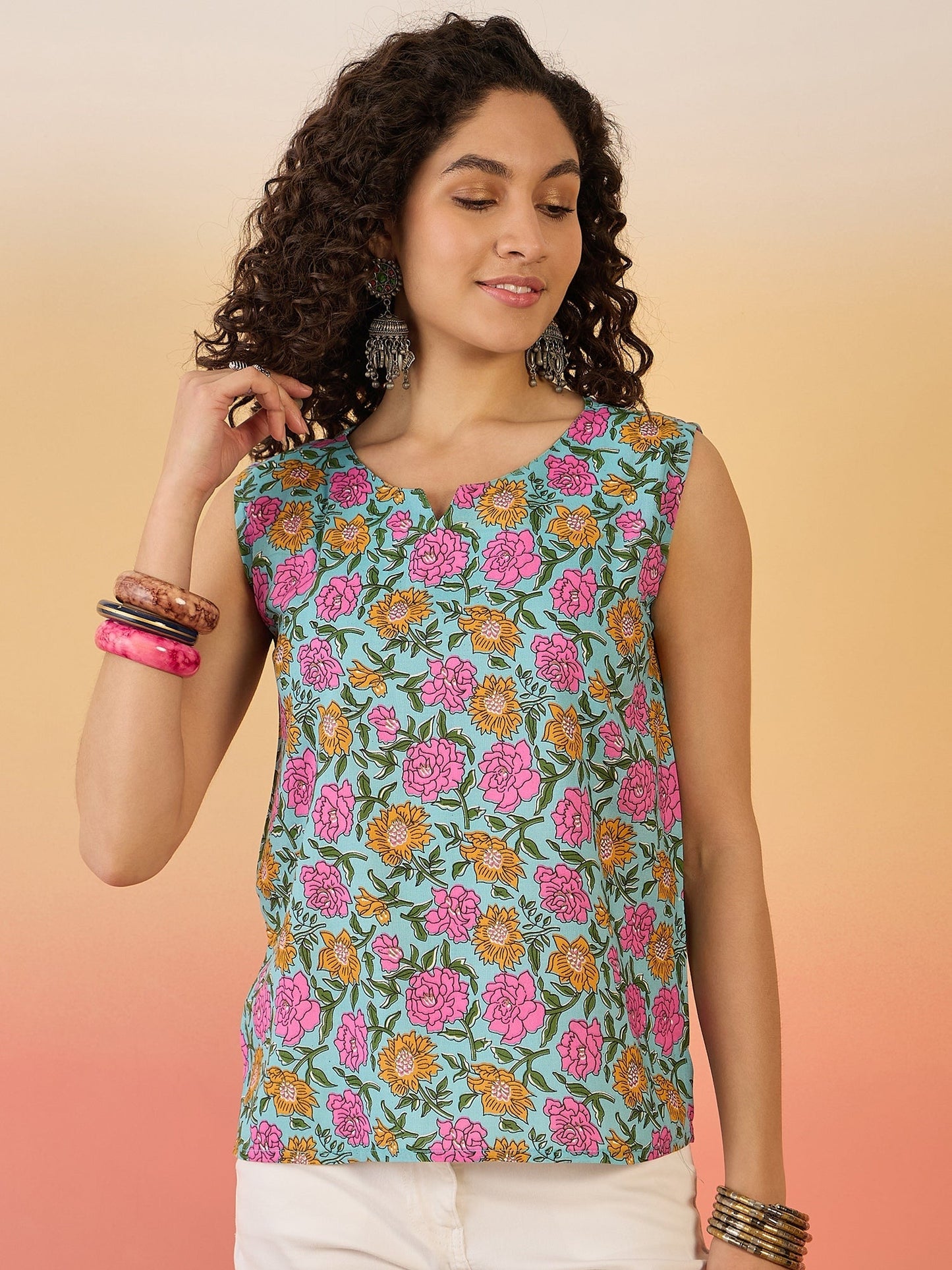 InWeave Sky Blue Pink Rose Jaal W/S Top - Swadesiicart