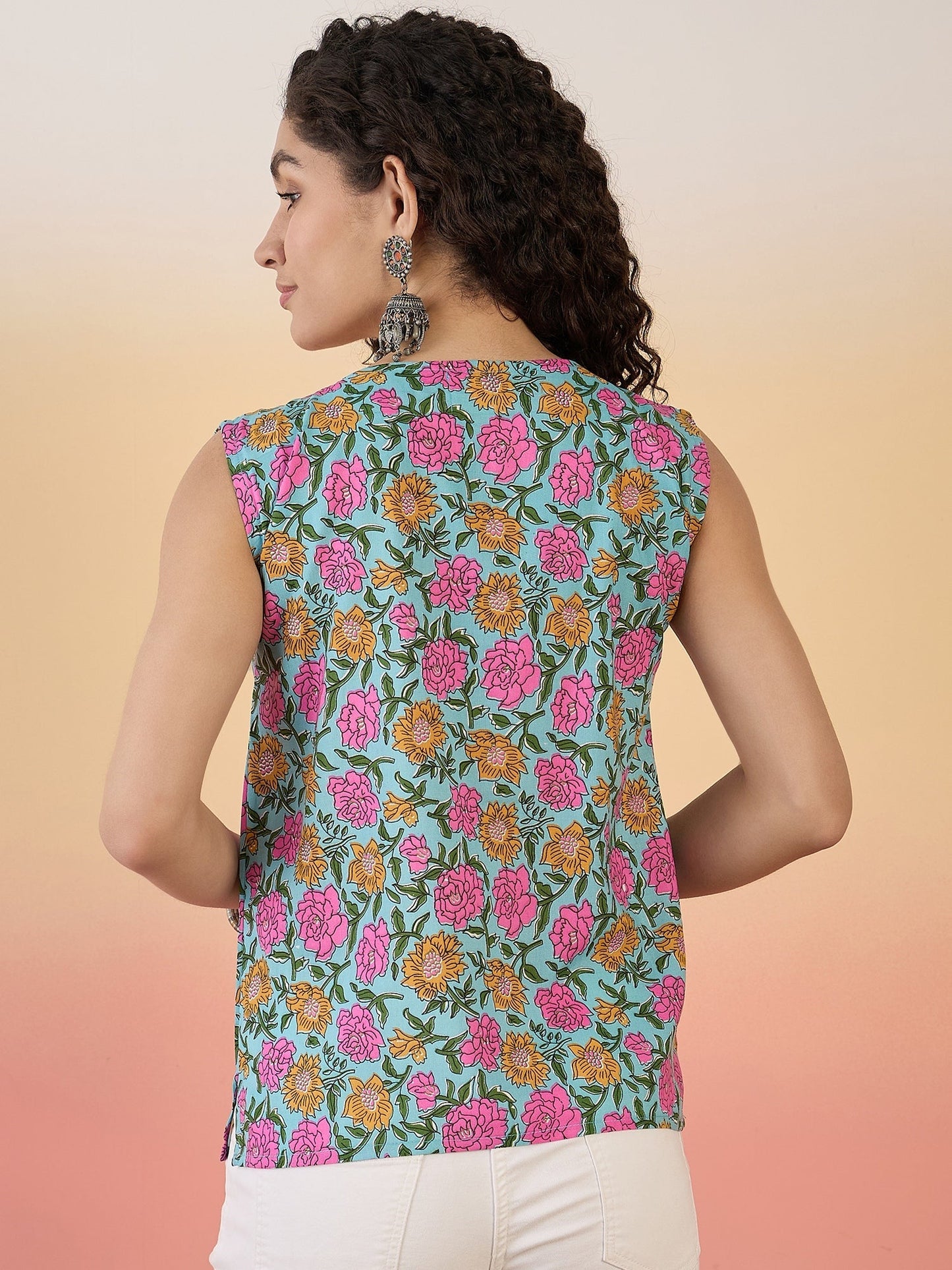 InWeave Sky Blue Pink Rose Jaal W/S Top - Swadesiicart