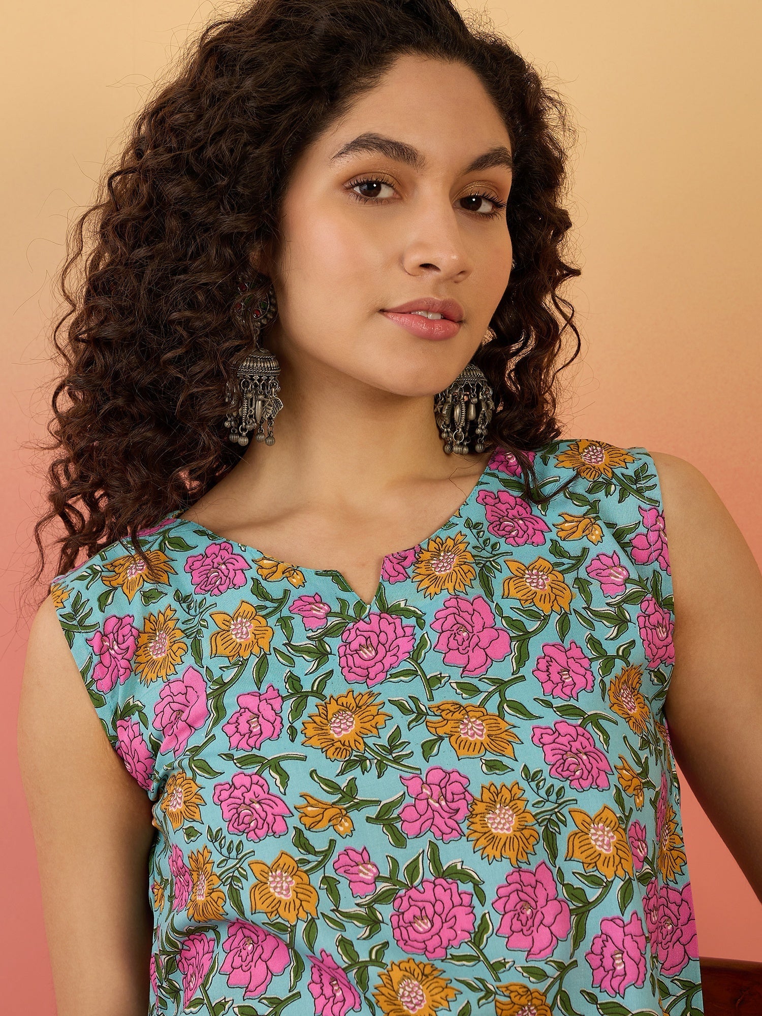 InWeave Sky Blue Pink Rose Jaal W/S Top - Swadesiicart