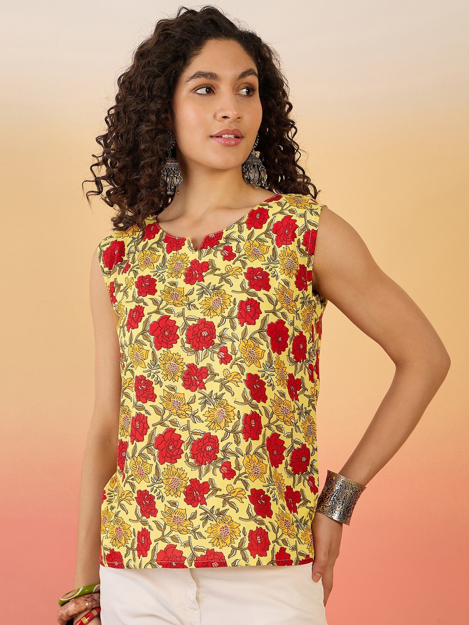 InWeave Butter Yellow Red Rose Jaal W/S Top - Swadesiicart
