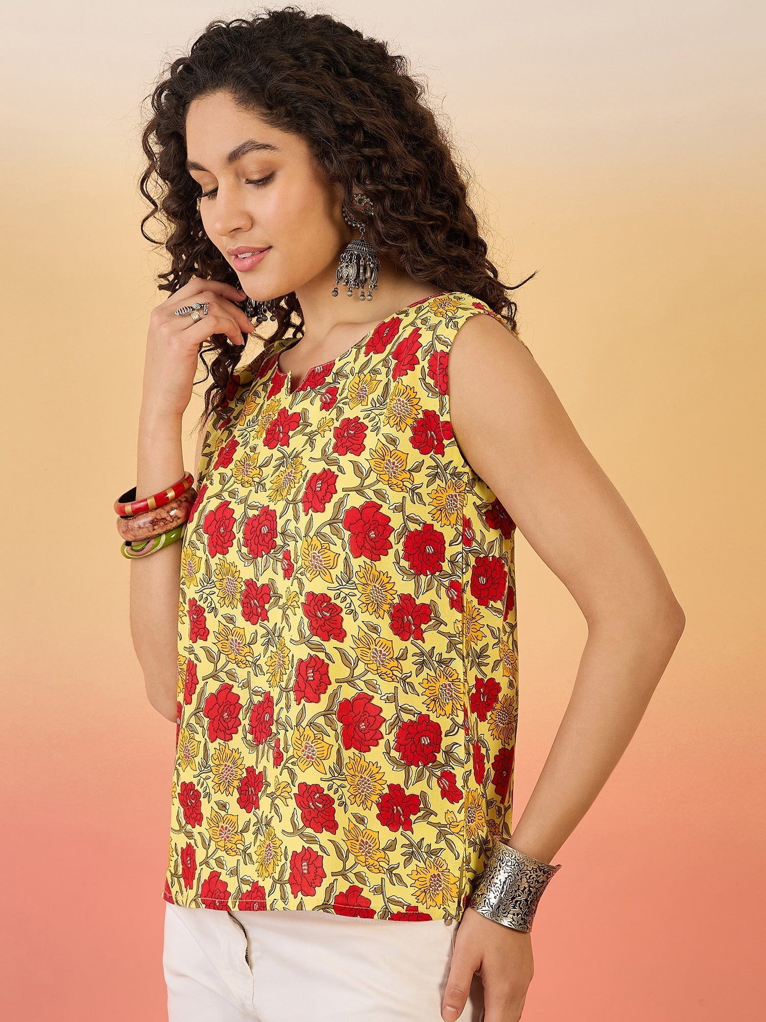 InWeave Butter Yellow Red Rose Jaal W/S Top - Swadesiicart