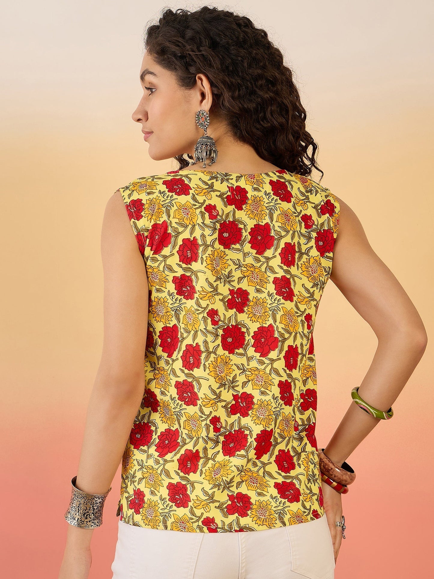 InWeave Butter Yellow Red Rose Jaal W/S Top - Swadesiicart