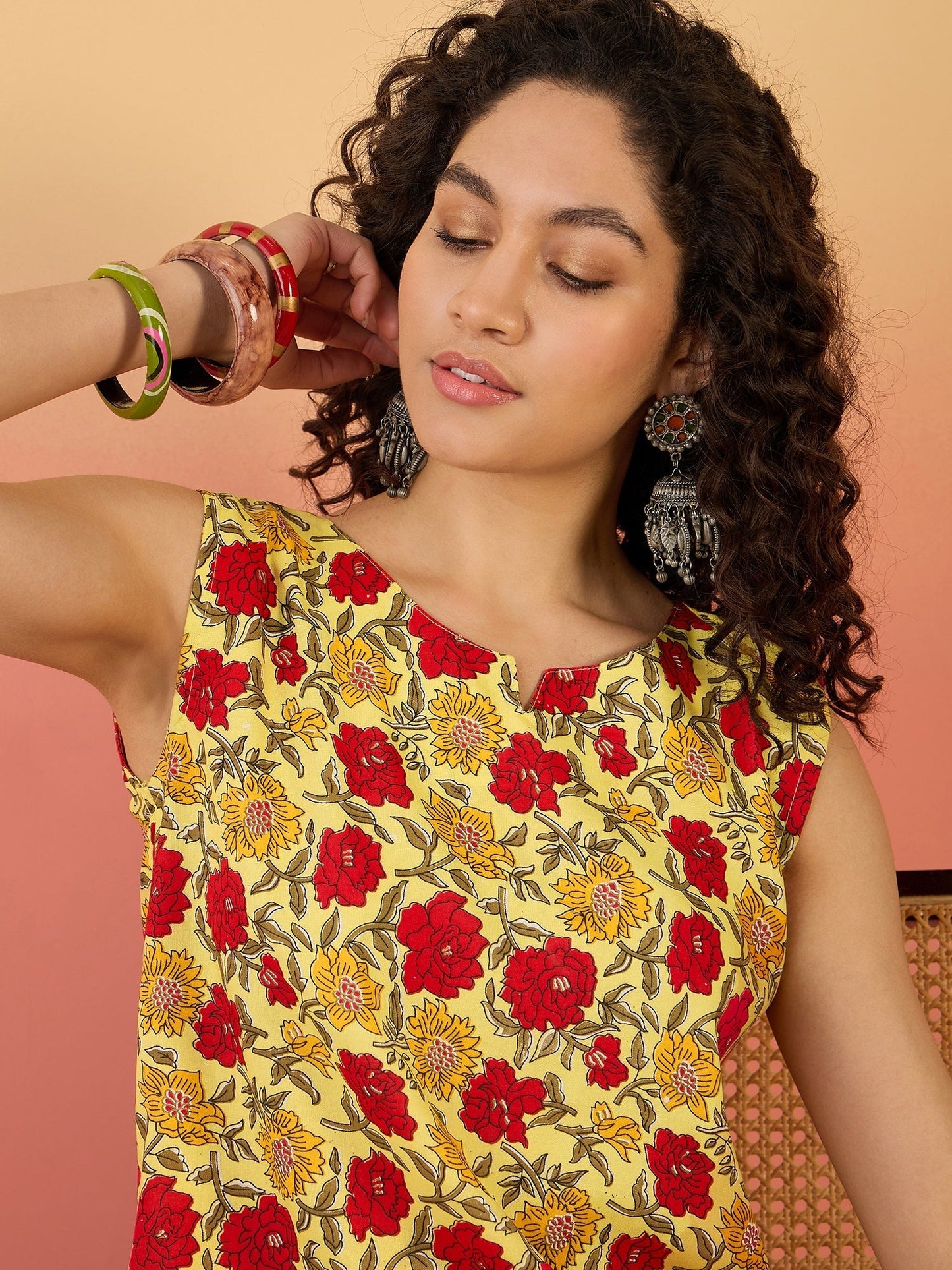 InWeave Butter Yellow Red Rose Jaal W/S Top - Swadesiicart