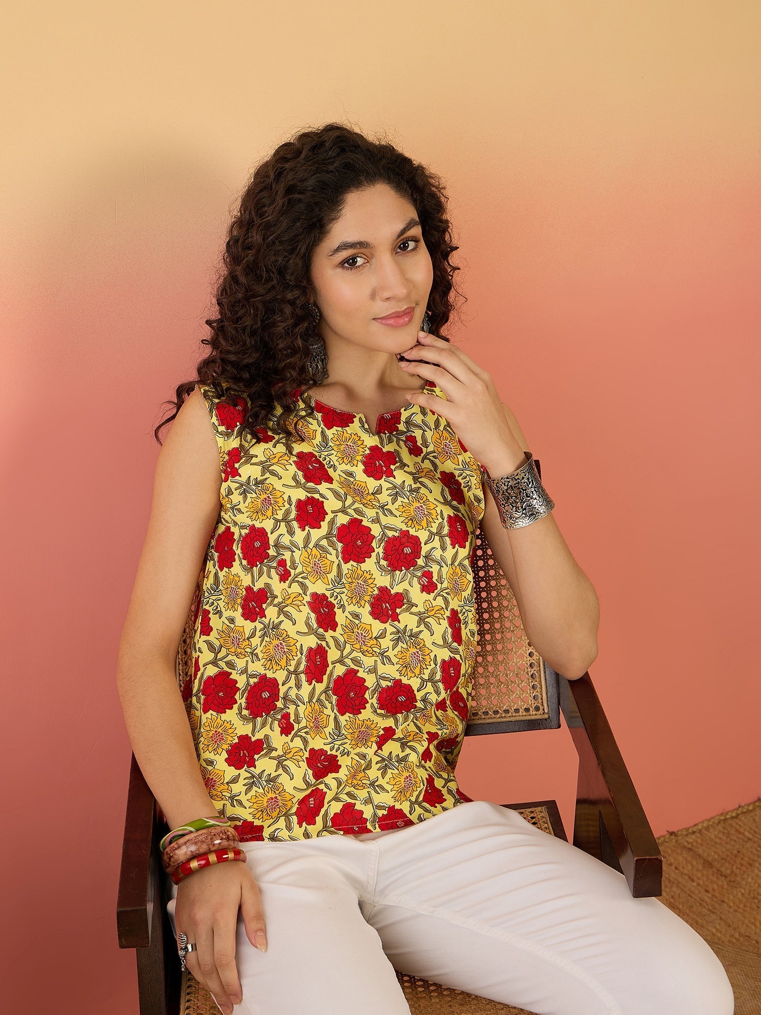 InWeave Butter Yellow Red Rose Jaal W/S Top - Swadesiicart