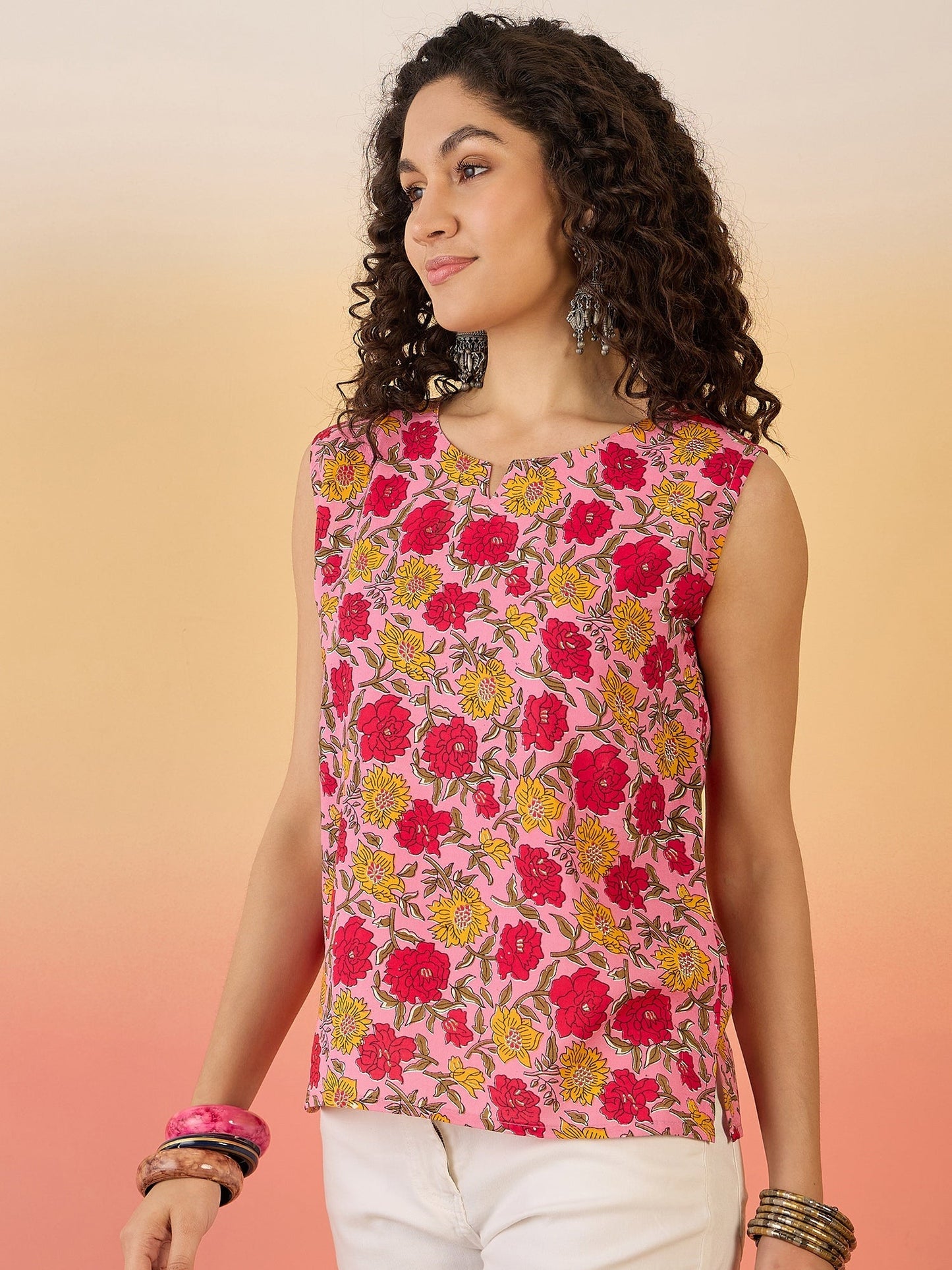 InWeave Pink Red Rose Jaal W/S Top - Swadesiicart