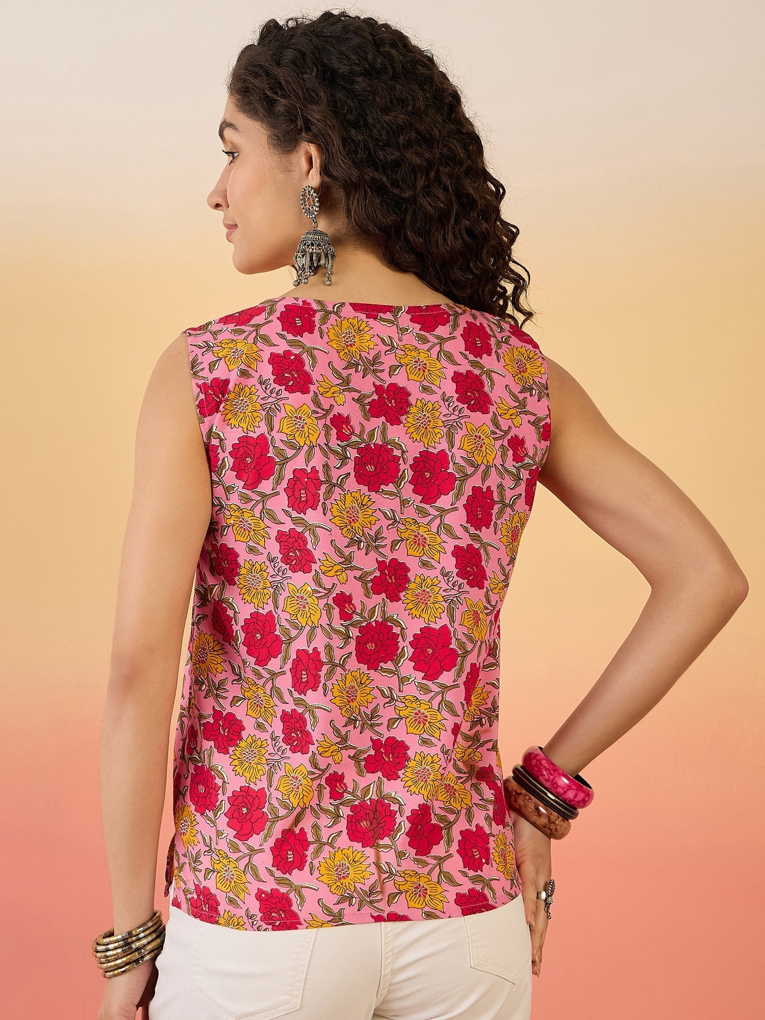 InWeave Pink Red Rose Jaal W/S Top - Swadesiicart