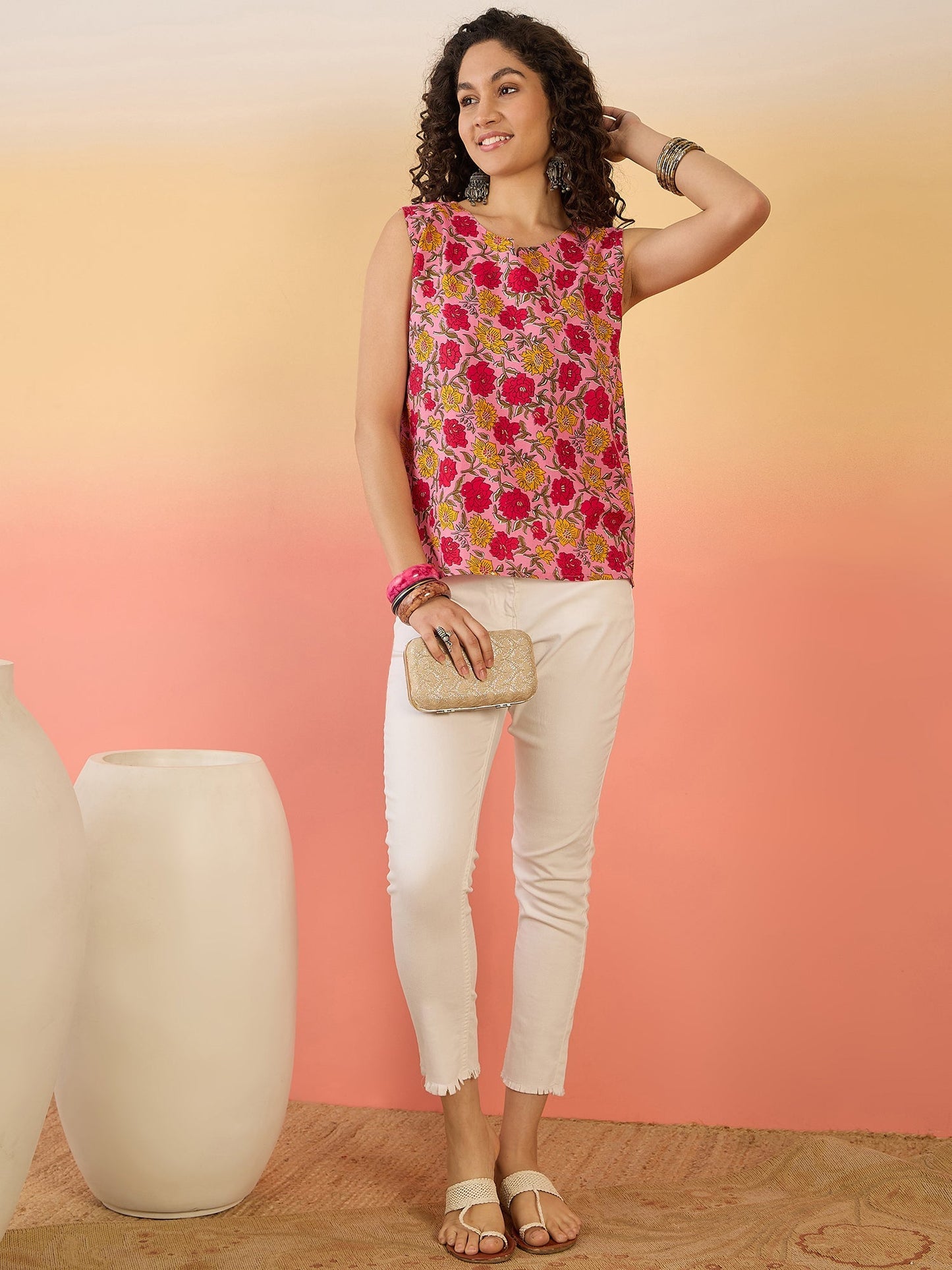InWeave Pink Red Rose Jaal W/S Top - Swadesiicart