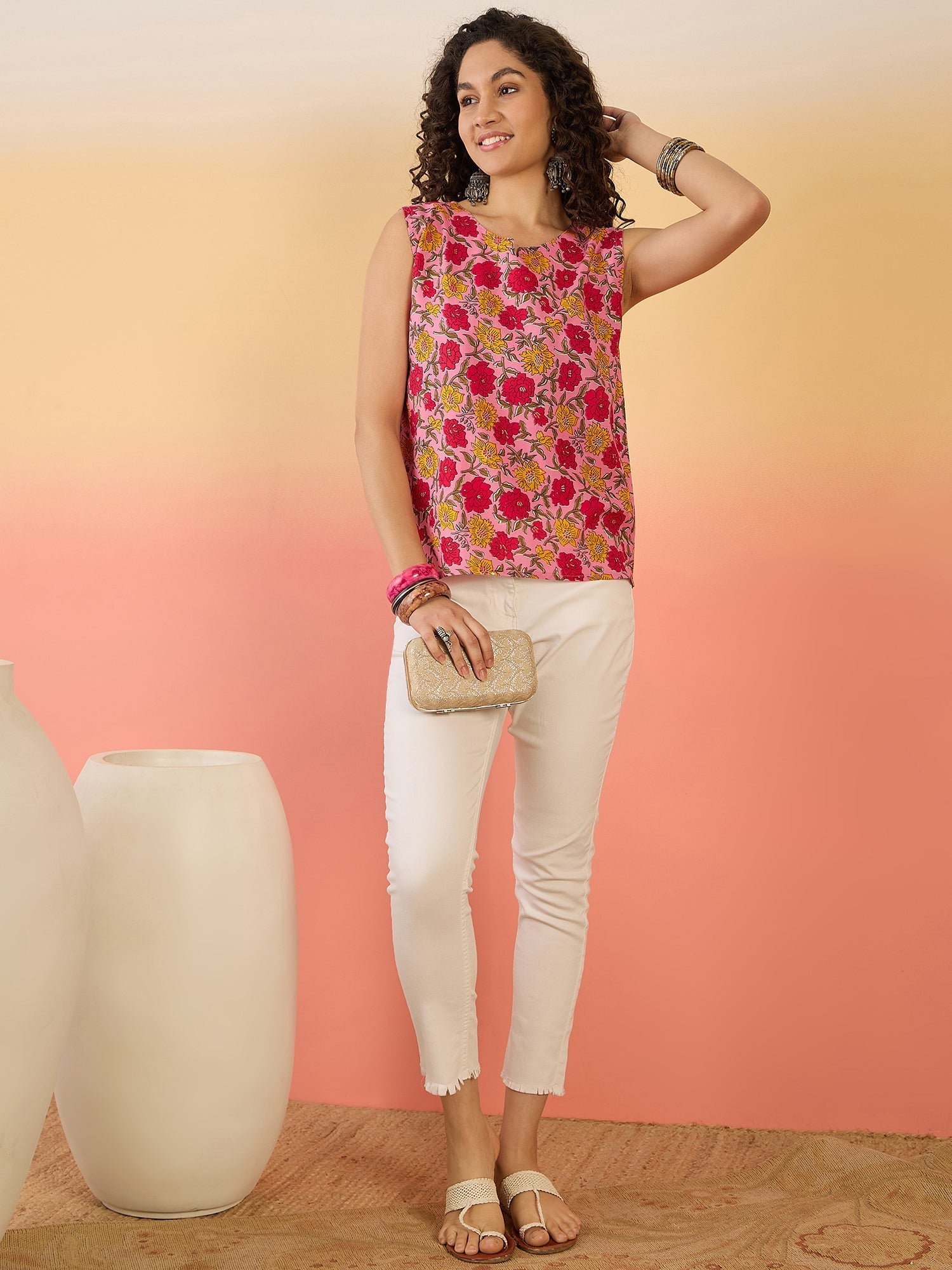 InWeave Pink Red Rose Jaal W/S Top - Swadesiicart