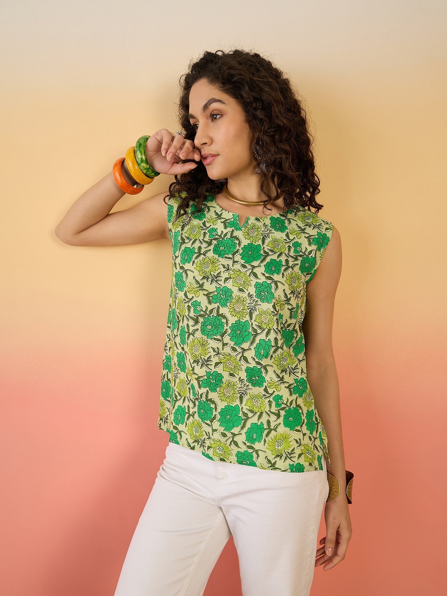 InWeave Pear Green Green Rose Jaal W/S Top - Swadesiicart