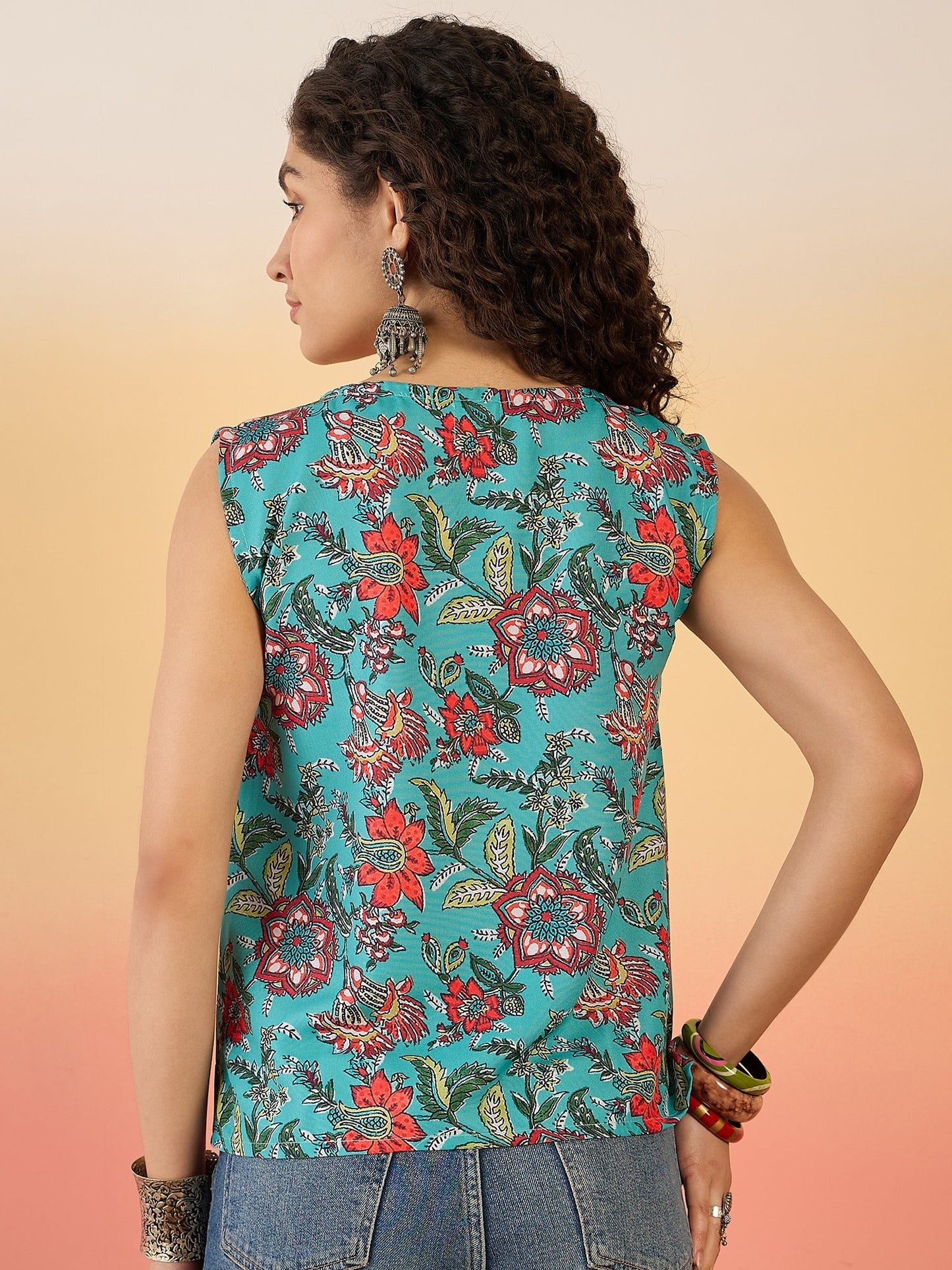 InWeave Teal Floral Print W/S Top - Swadesiicart
