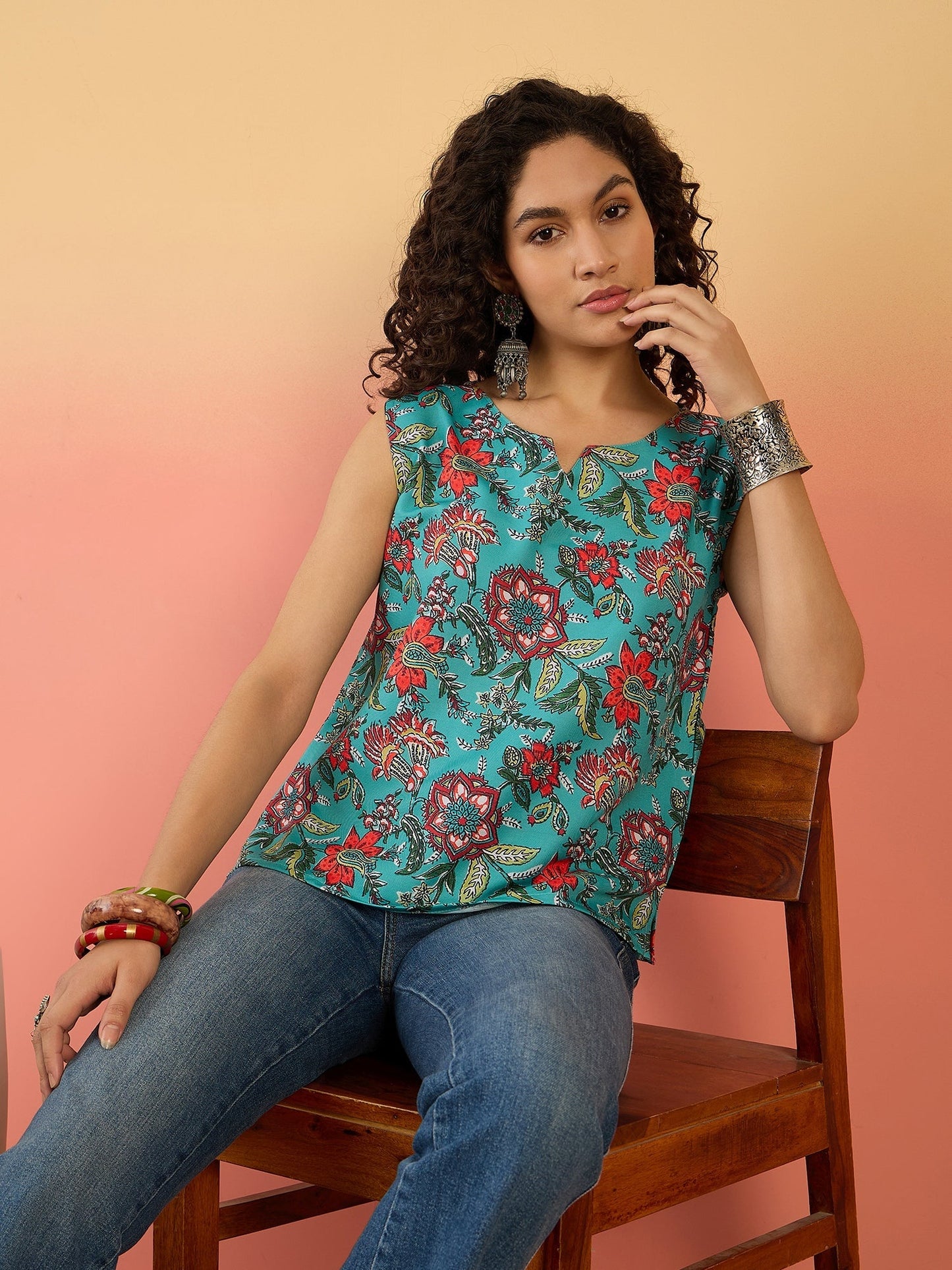 InWeave Teal Floral Print W/S Top - Swadesiicart
