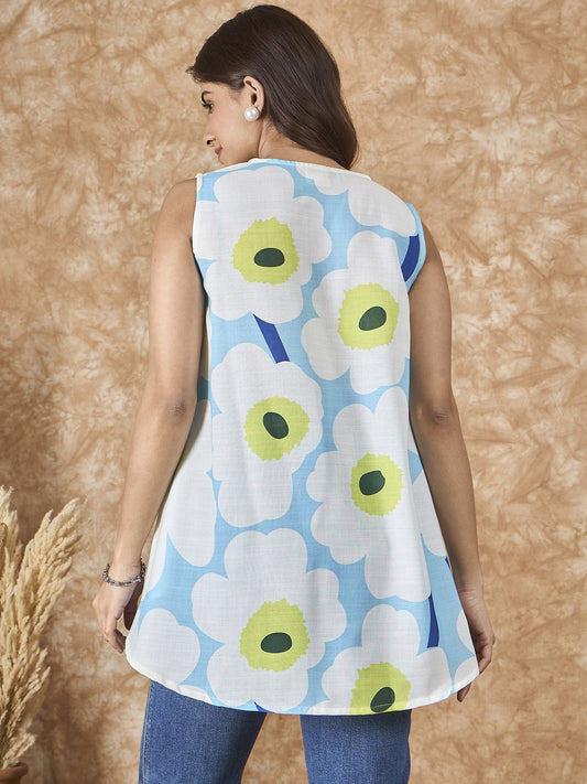 InWeave Skyblue Big Print V Neck Top - Swadesiicart