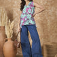 InWeave Green Purple Print V Neck Top - Swadesiicart