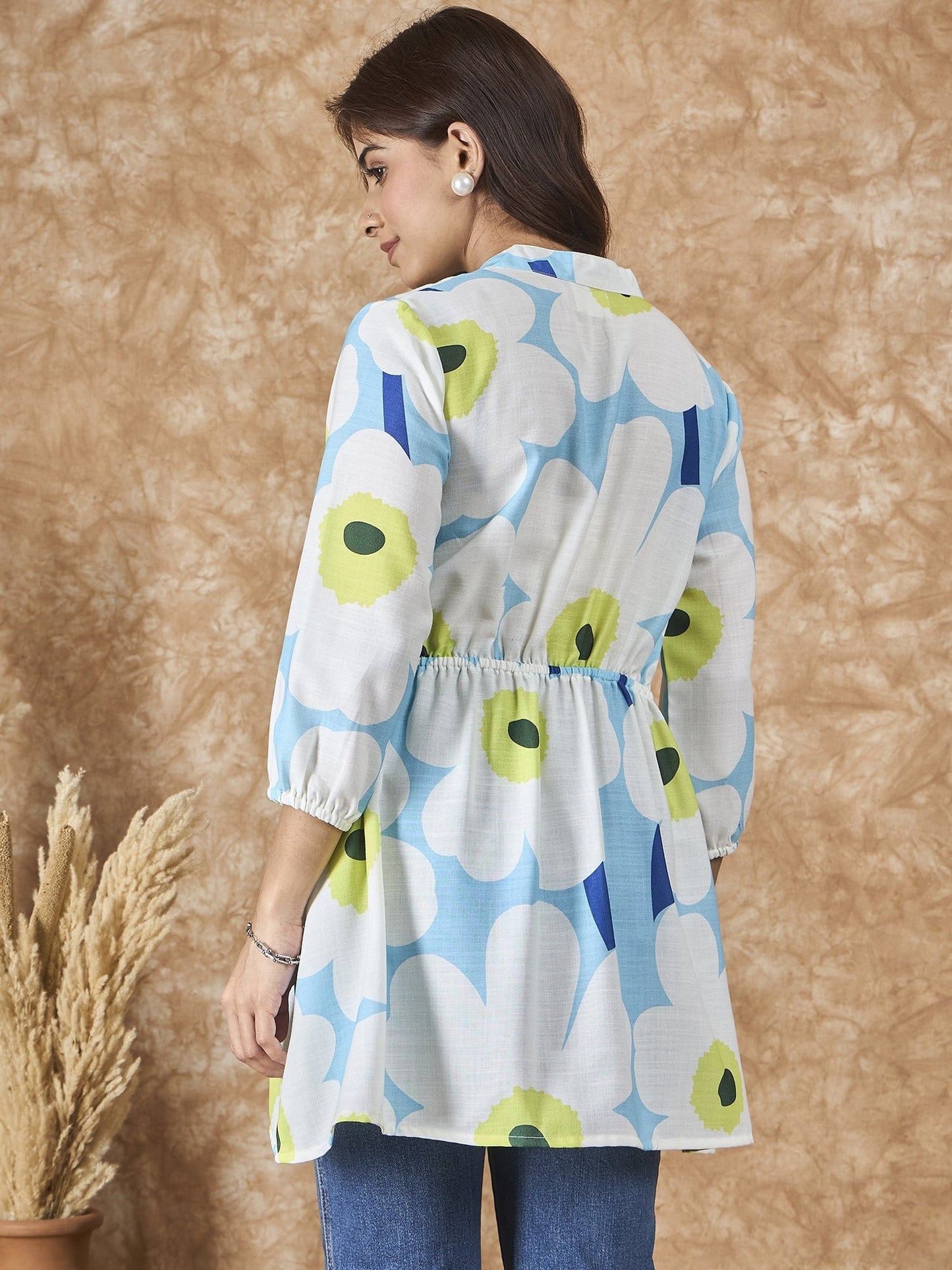 InWeave Sky Blue Big Print Mandarin Top - Swadesiicart