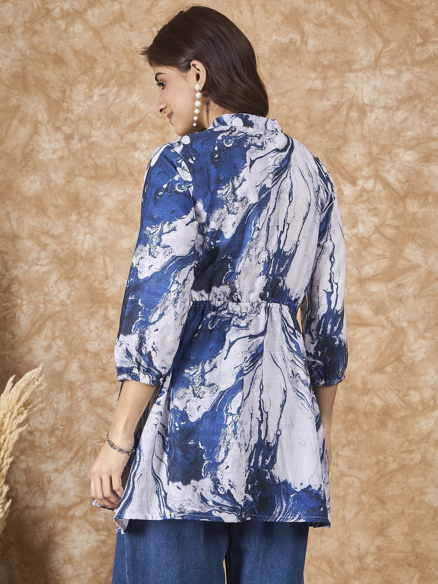 InWeave Navy White Tie Dye Mandarin Top - Swadesiicart