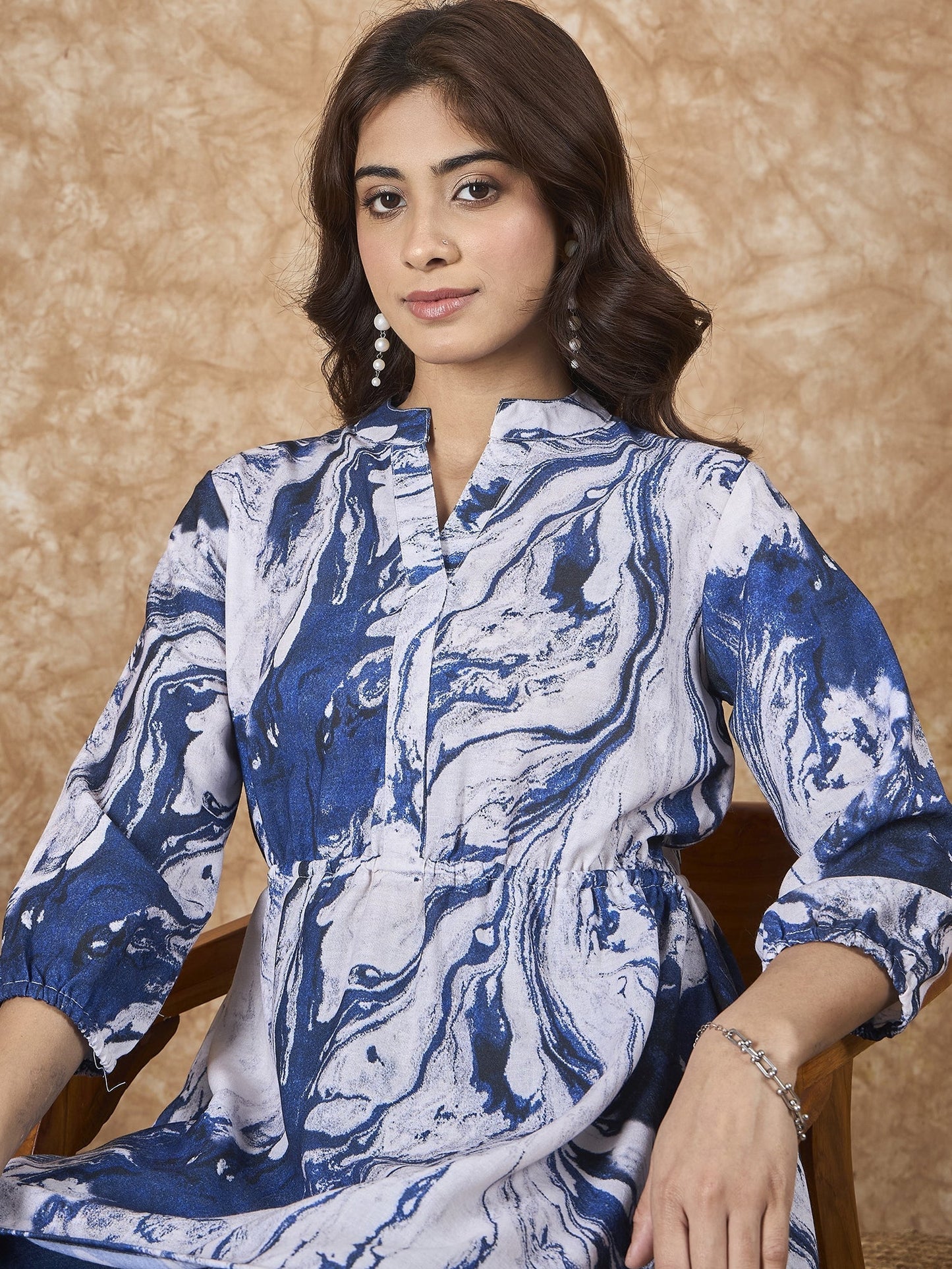 InWeave Navy White Tie Dye Mandarin Top - Swadesiicart