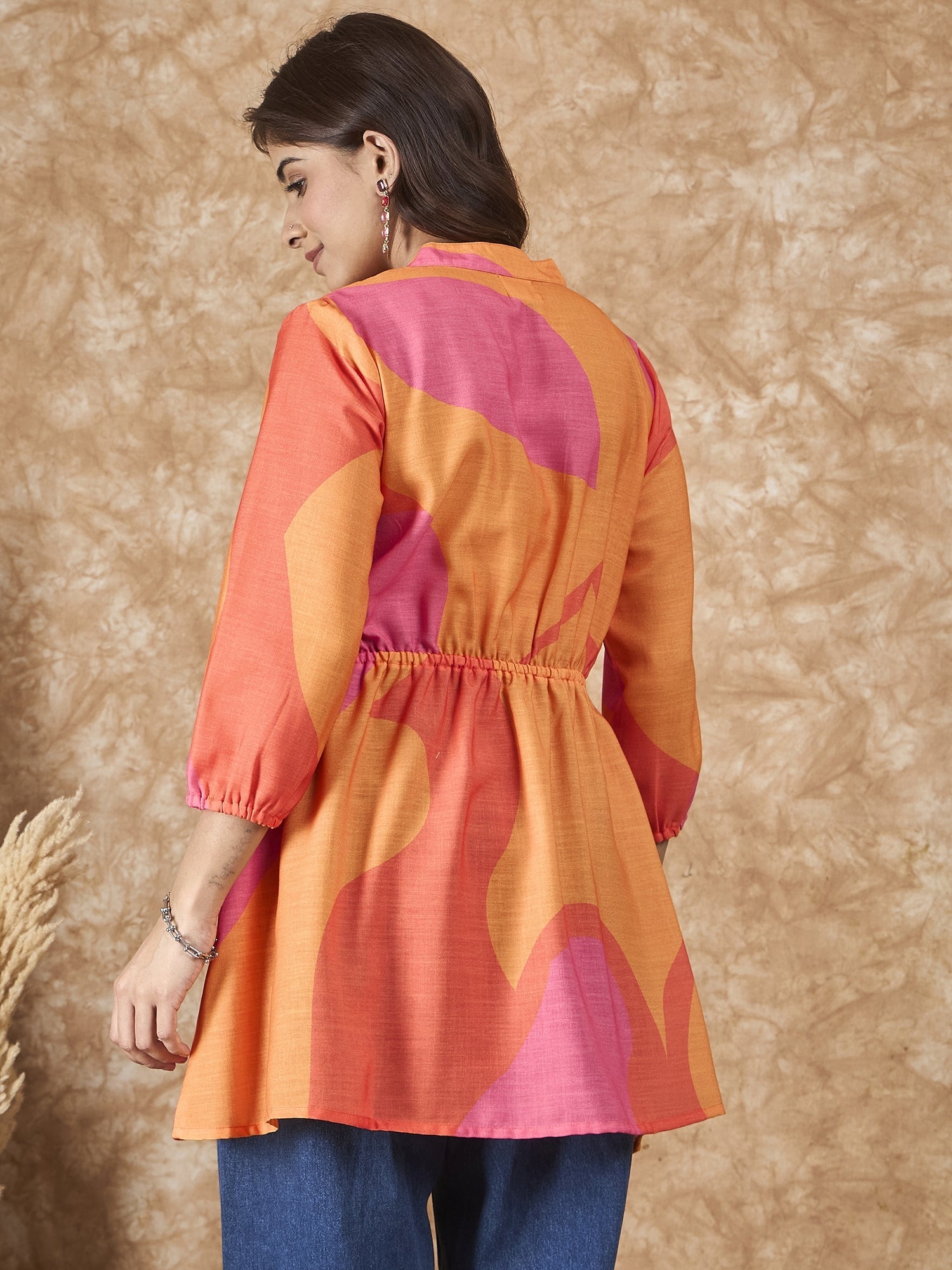 InWeave Peach Orange Print Mandarin Top - Swadesiicart