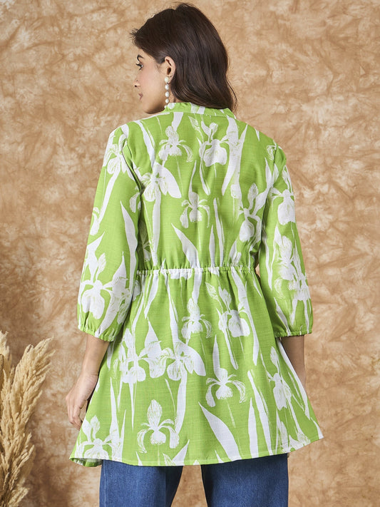InWeave Apple Green White Mandarin Top - Swadesiicart