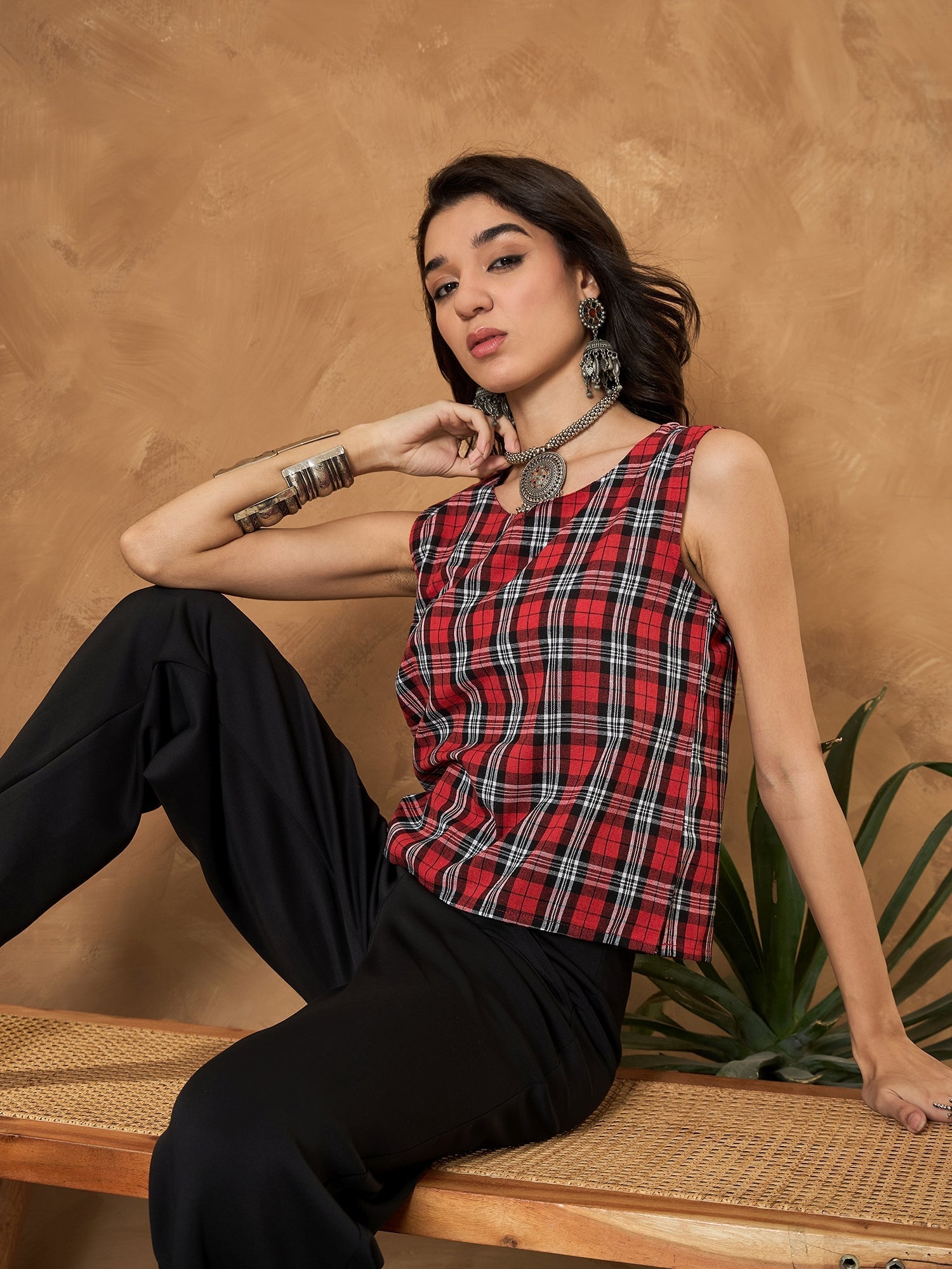 InWeave Red Black Check Sleeveless Top - Swadesiicart