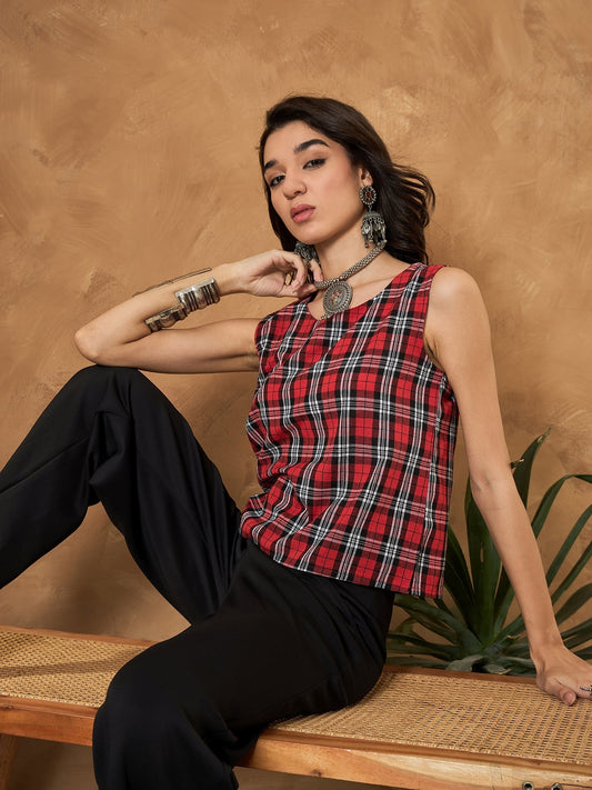 InWeave Red Black Check Sleeveless Top - Swadesiicart