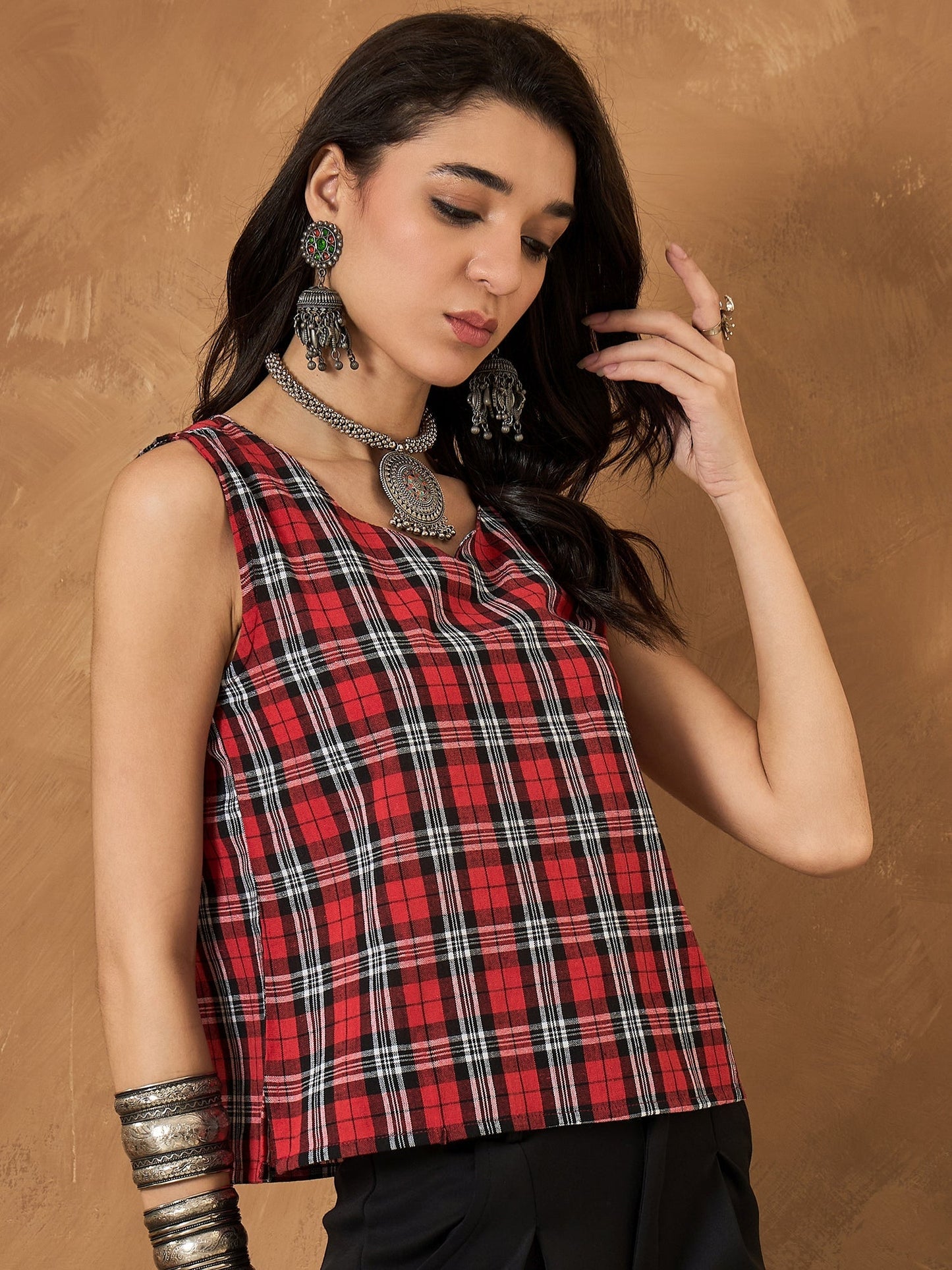 InWeave Red Black Check Sleeveless Top - Swadesiicart