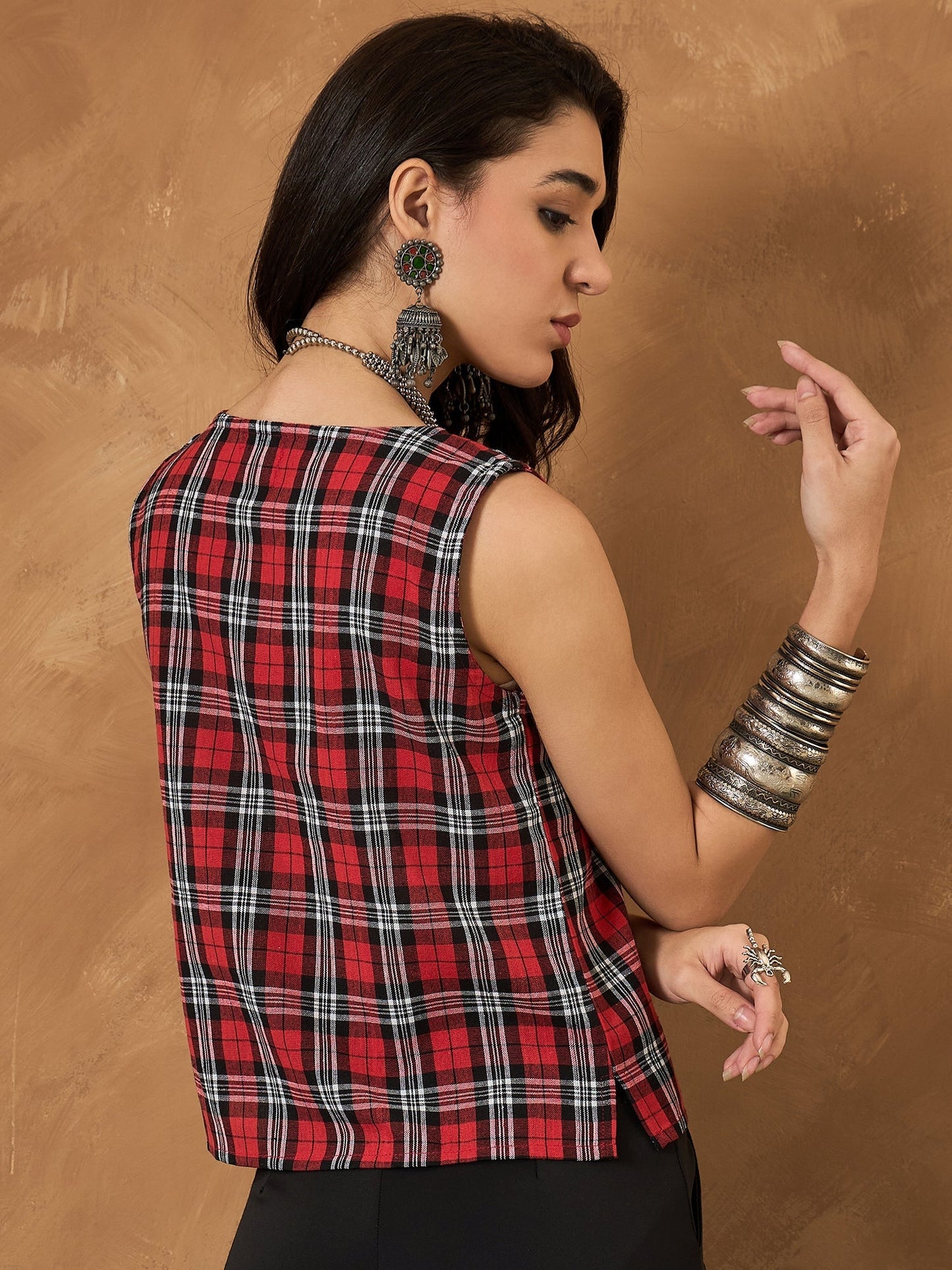 InWeave Red Black Check Sleeveless Top - Swadesiicart