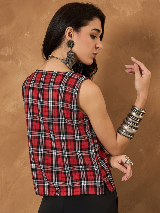 InWeave Red Black Check Sleeveless Top - Swadesiicart