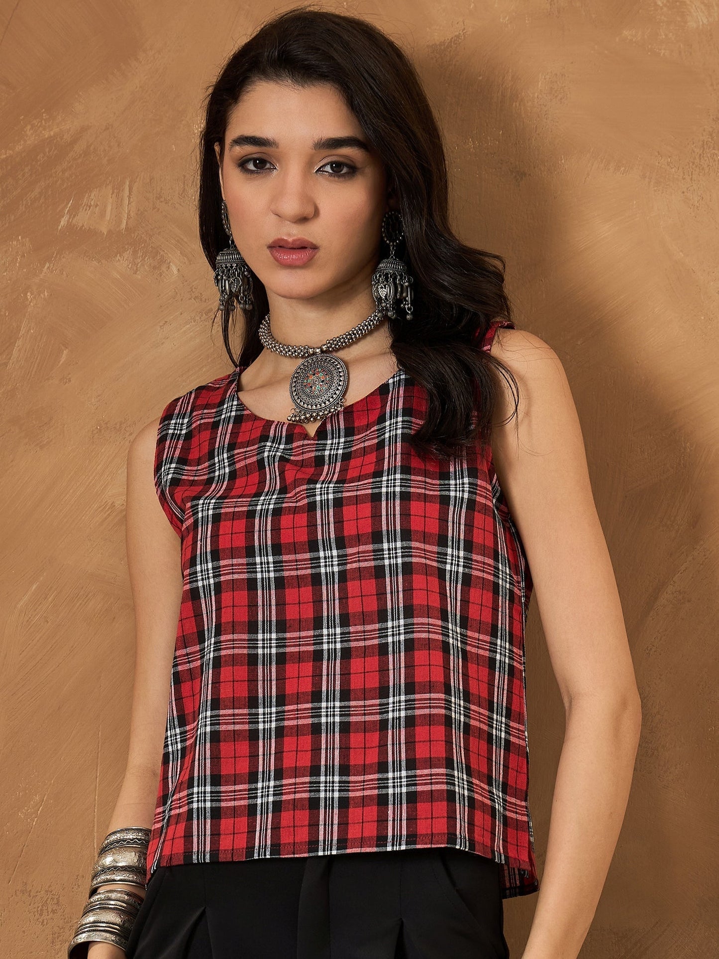 InWeave Red Black Check Sleeveless Top - Swadesiicart