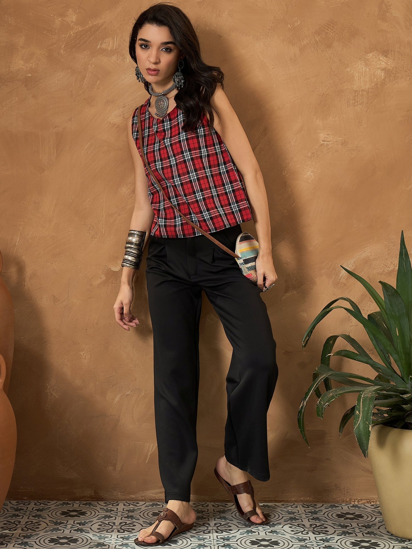 InWeave Red Black Check Sleeveless Top - Swadesiicart