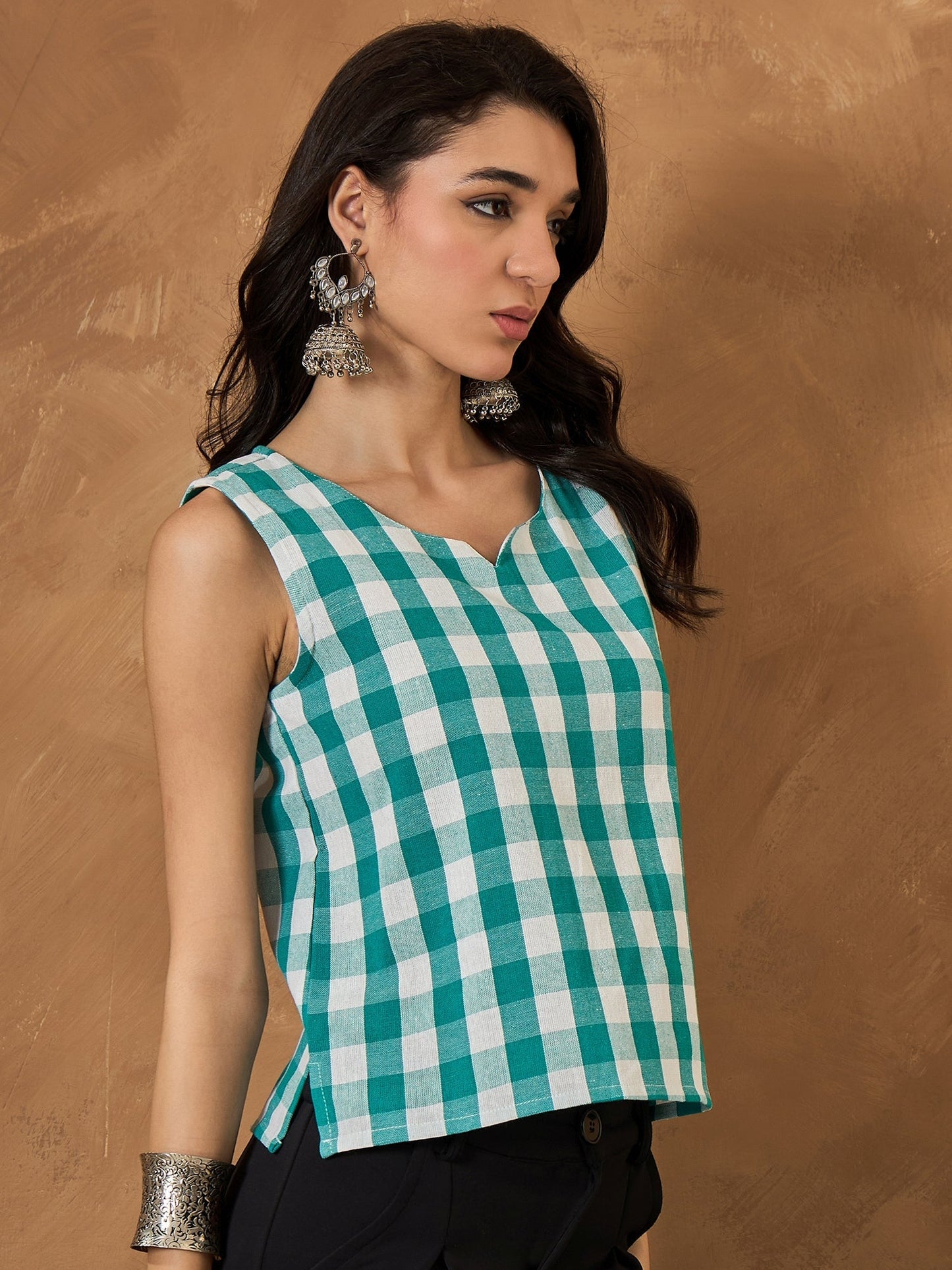 InWeave Light Blue Big Check Sleeveless Top - Swadesiicart