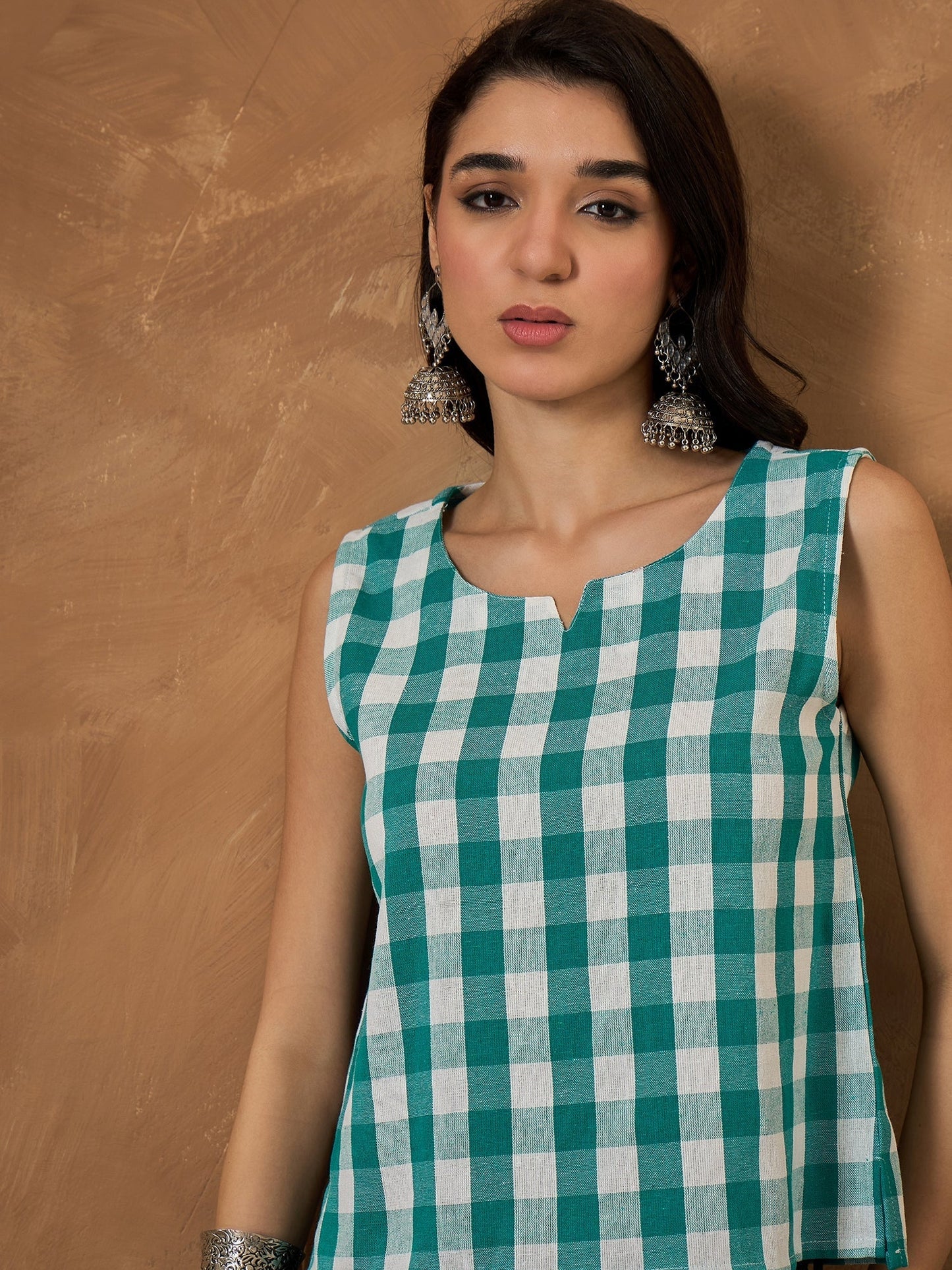 InWeave Light Blue Big Check Sleeveless Top - Swadesiicart