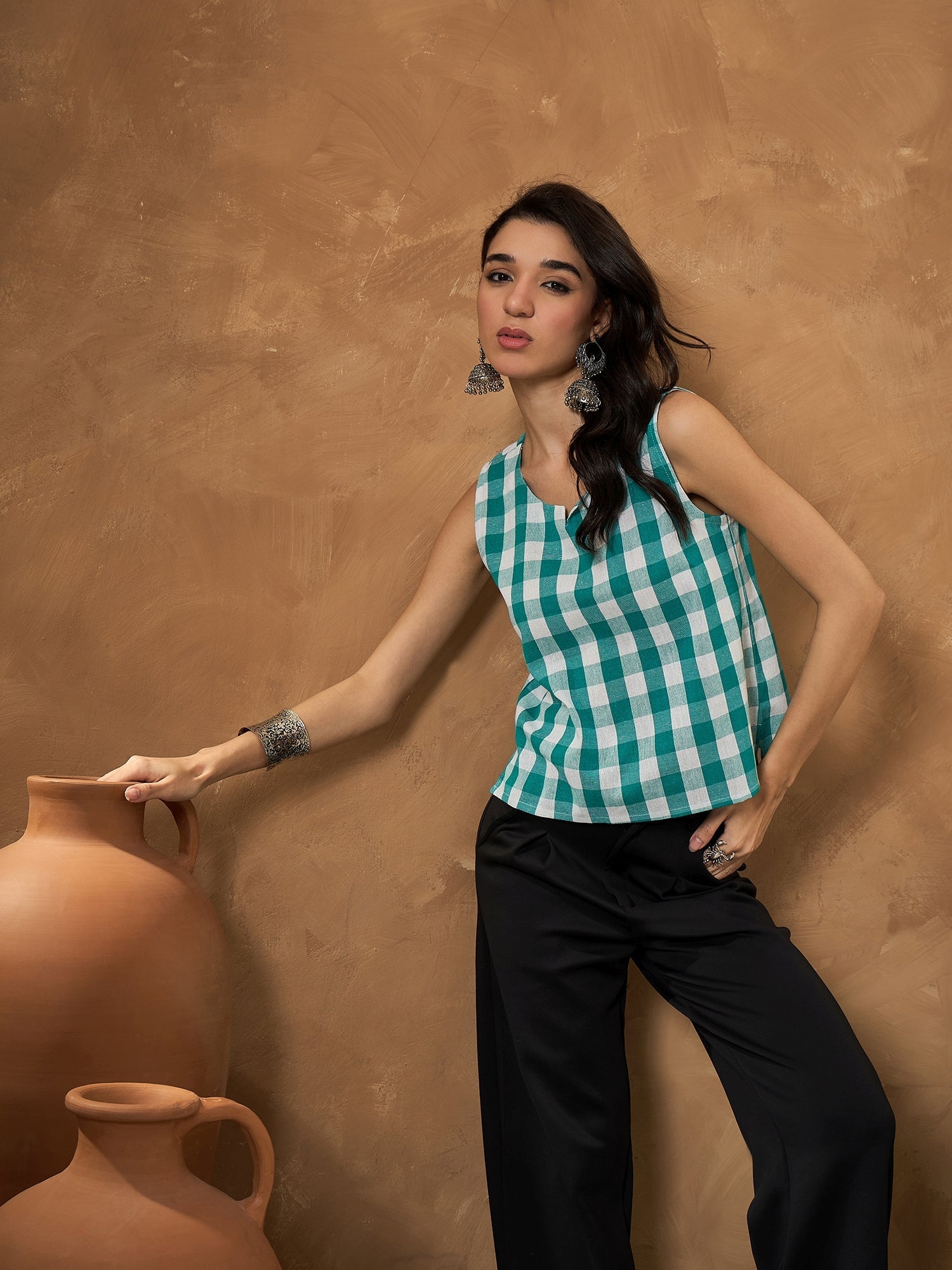 InWeave Light Blue Big Check Sleeveless Top - Swadesiicart