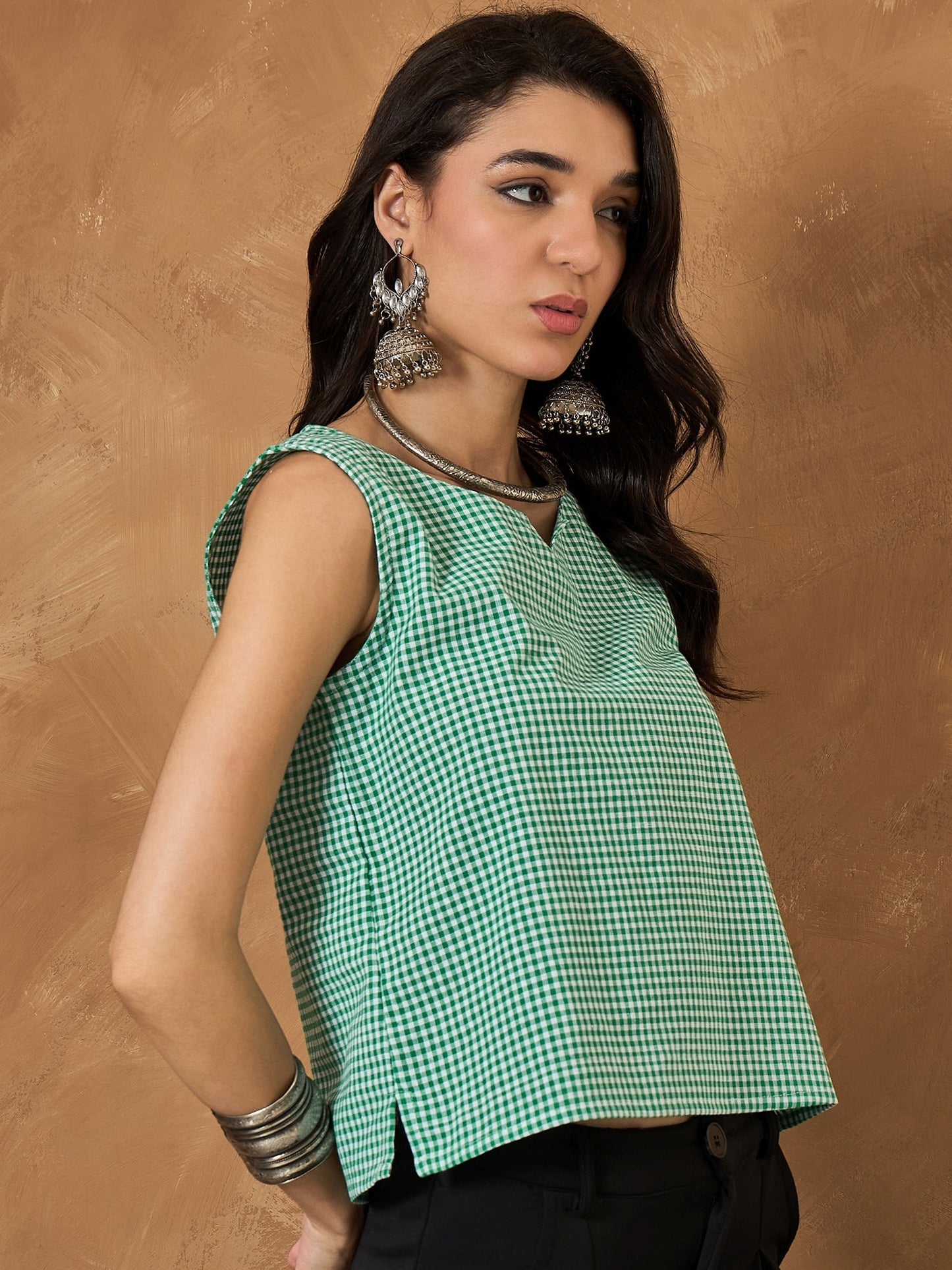 InWeave Green Small Check Sleeveless Top - Swadesiicart