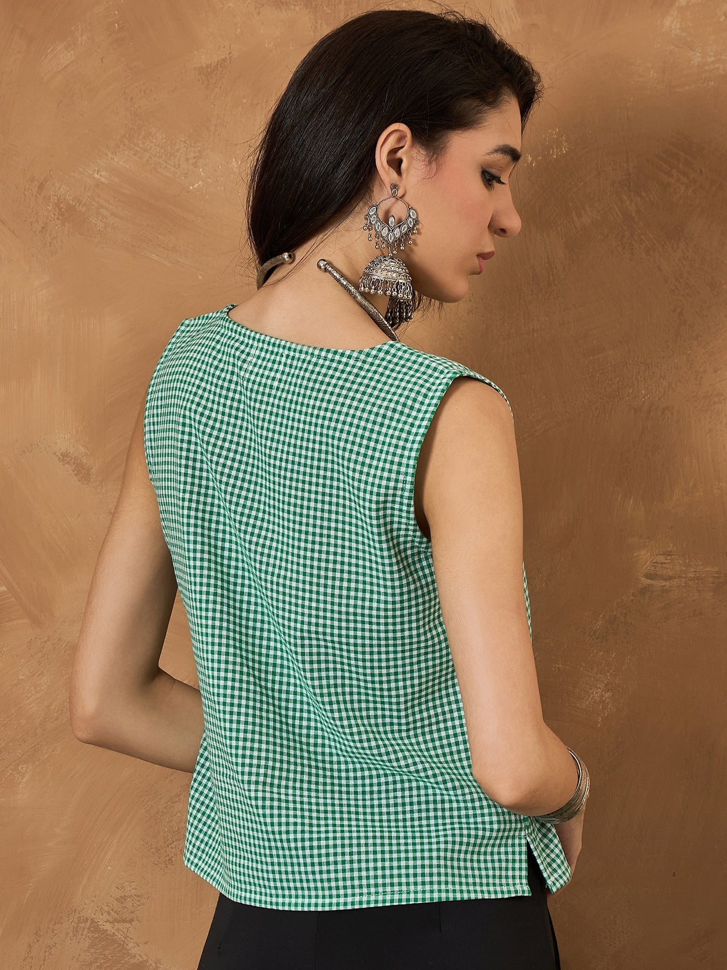 InWeave Green Small Check Sleeveless Top - Swadesiicart