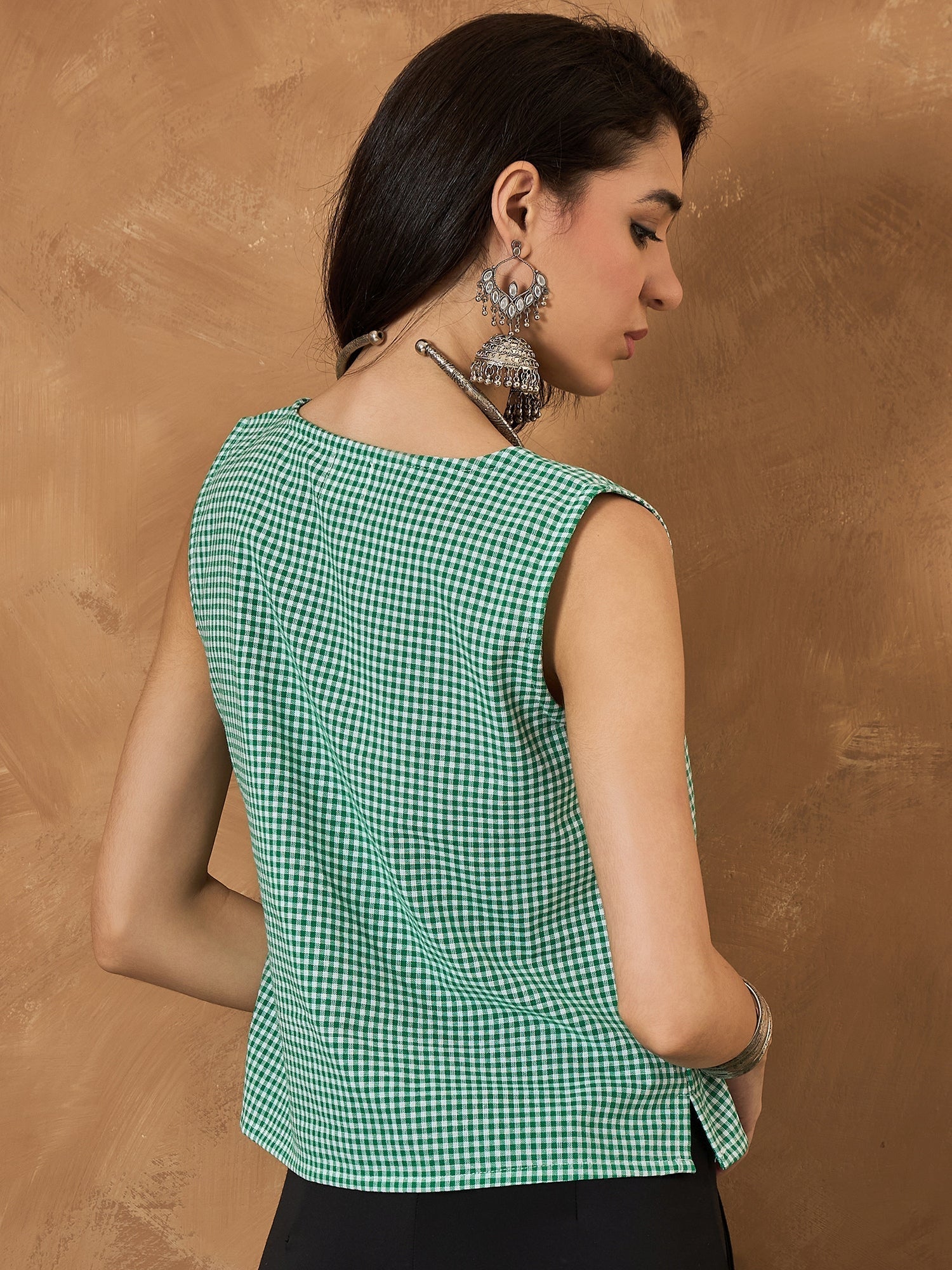 InWeave Green Small Check Sleeveless Top - Swadesiicart