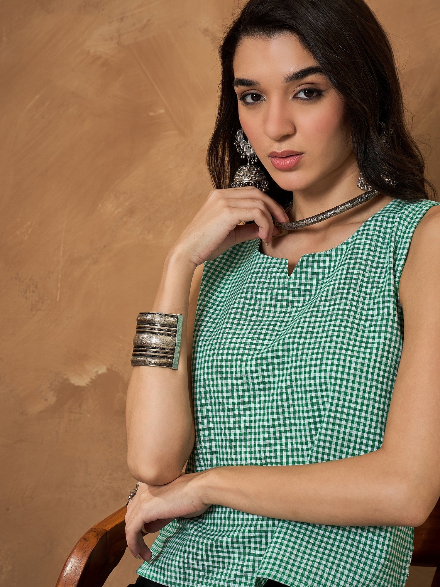 InWeave Green Small Check Sleeveless Top - Swadesiicart