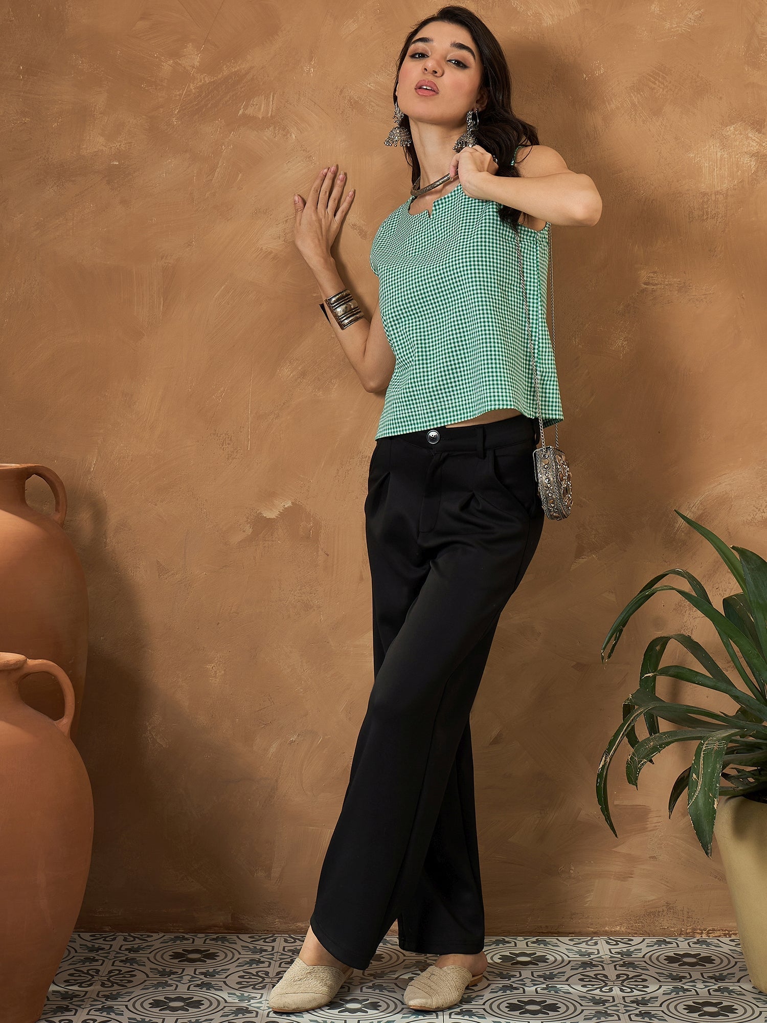 InWeave Green Small Check Sleeveless Top - Swadesiicart