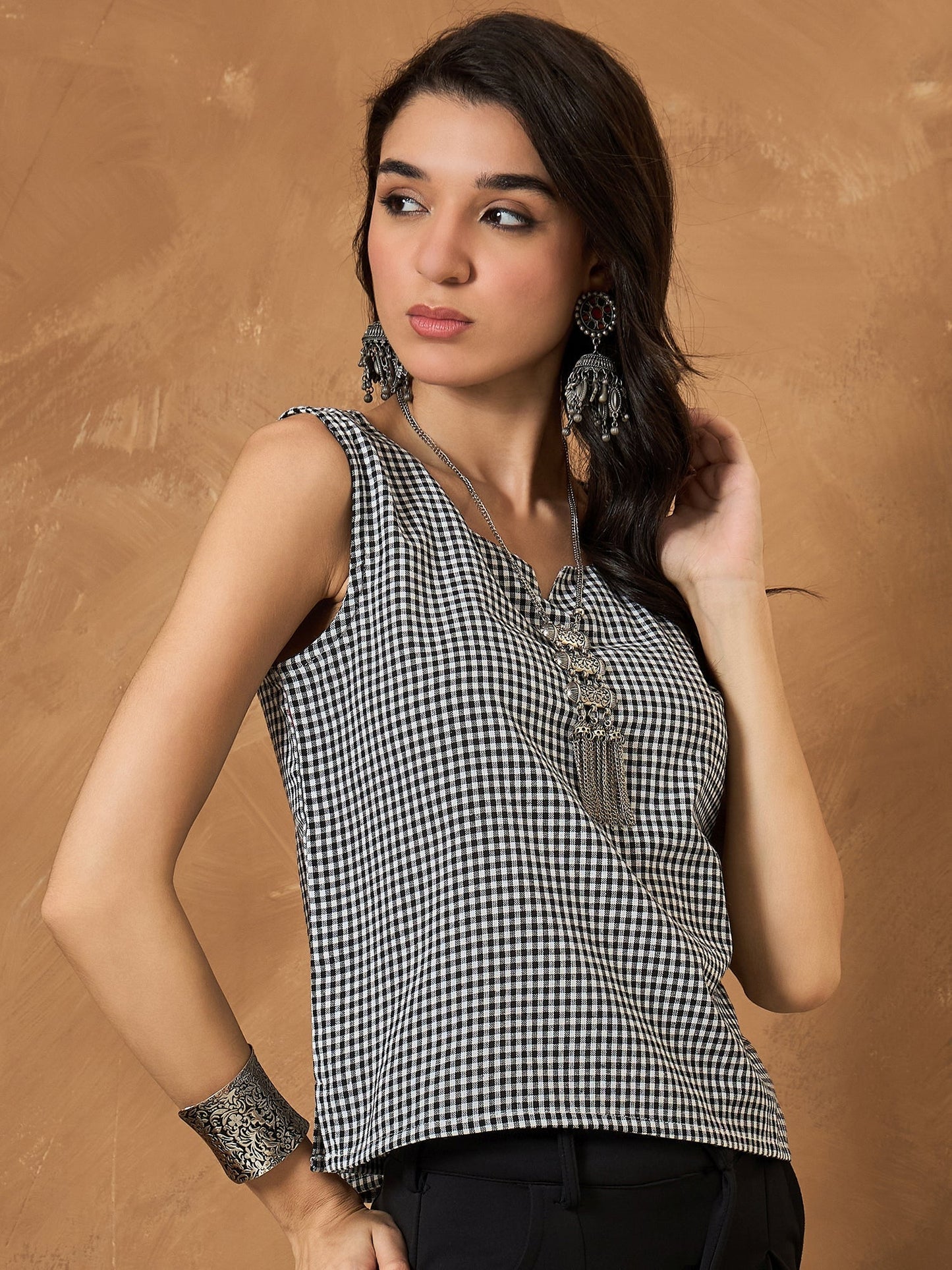 InWeave Black Small Check Sleeveless Top - Swadesiicart