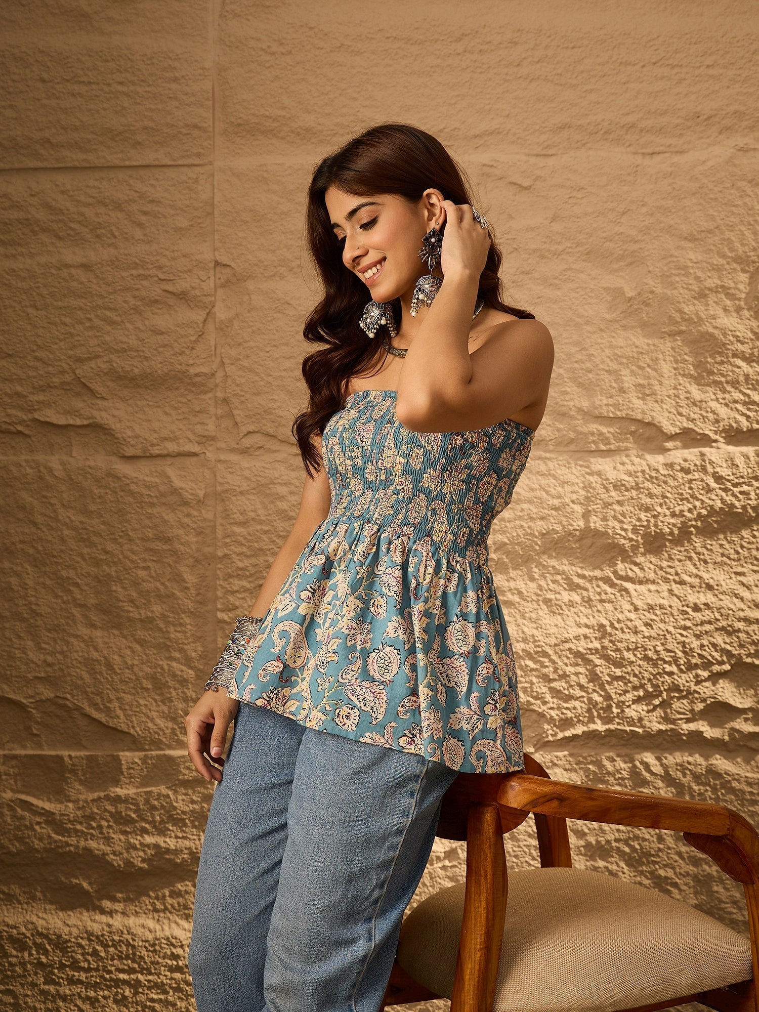 InWeave Steel Blue Floral Off Shoulder Top - Swadesiicart