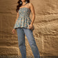 InWeave Steel Blue Floral Off Shoulder Top - Swadesiicart