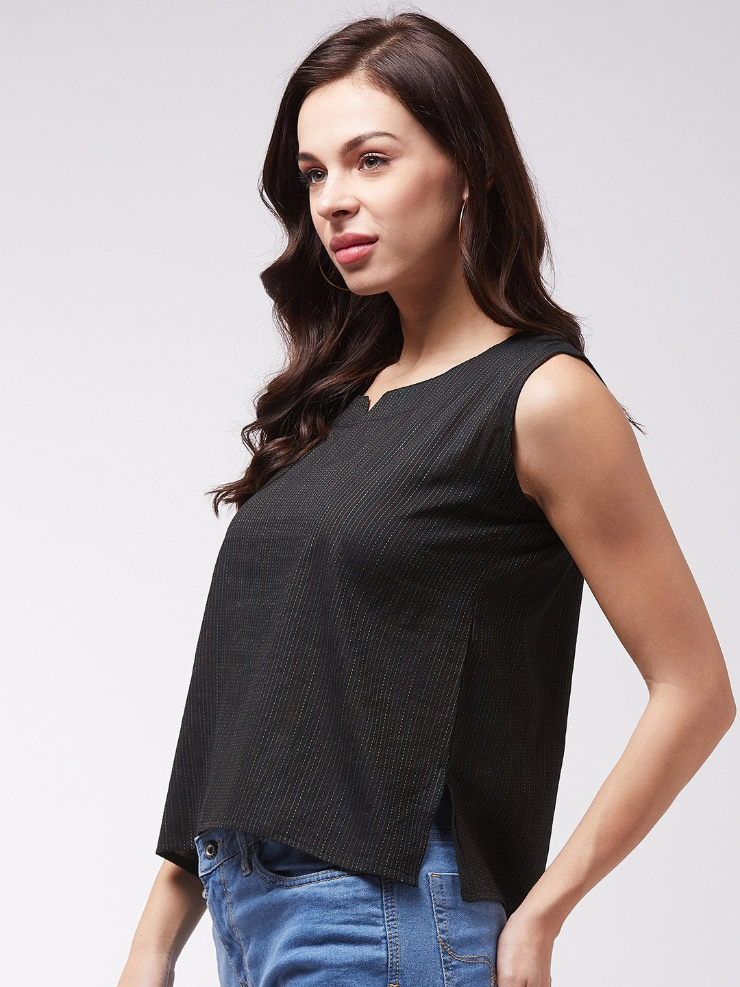 InWeave Black Kantha Sleeveless Top - Swadesiicart