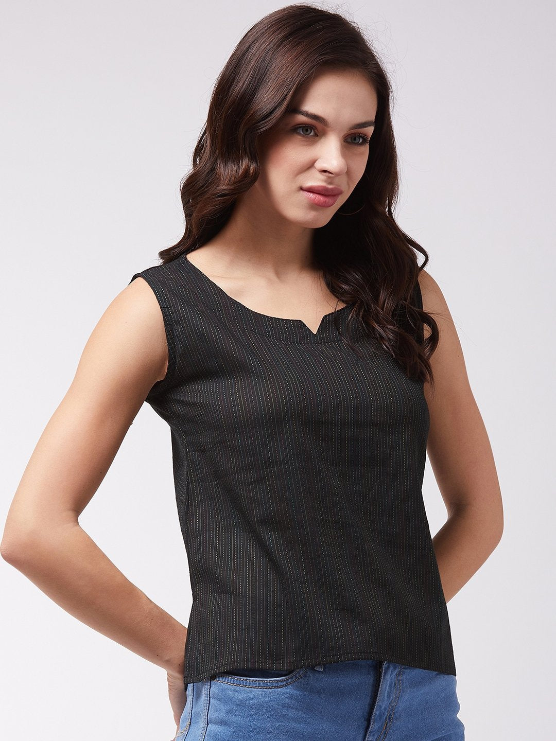 InWeave Black Kantha Sleeveless Top - Swadesiicart