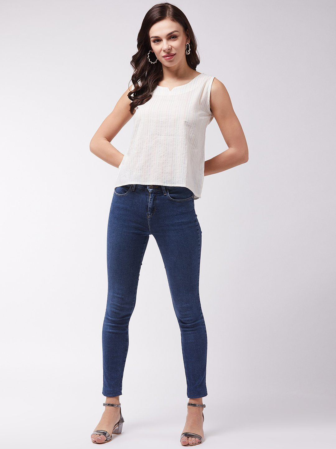 InWeave Off White Kantha Sleeveless Top - Swadesiicart