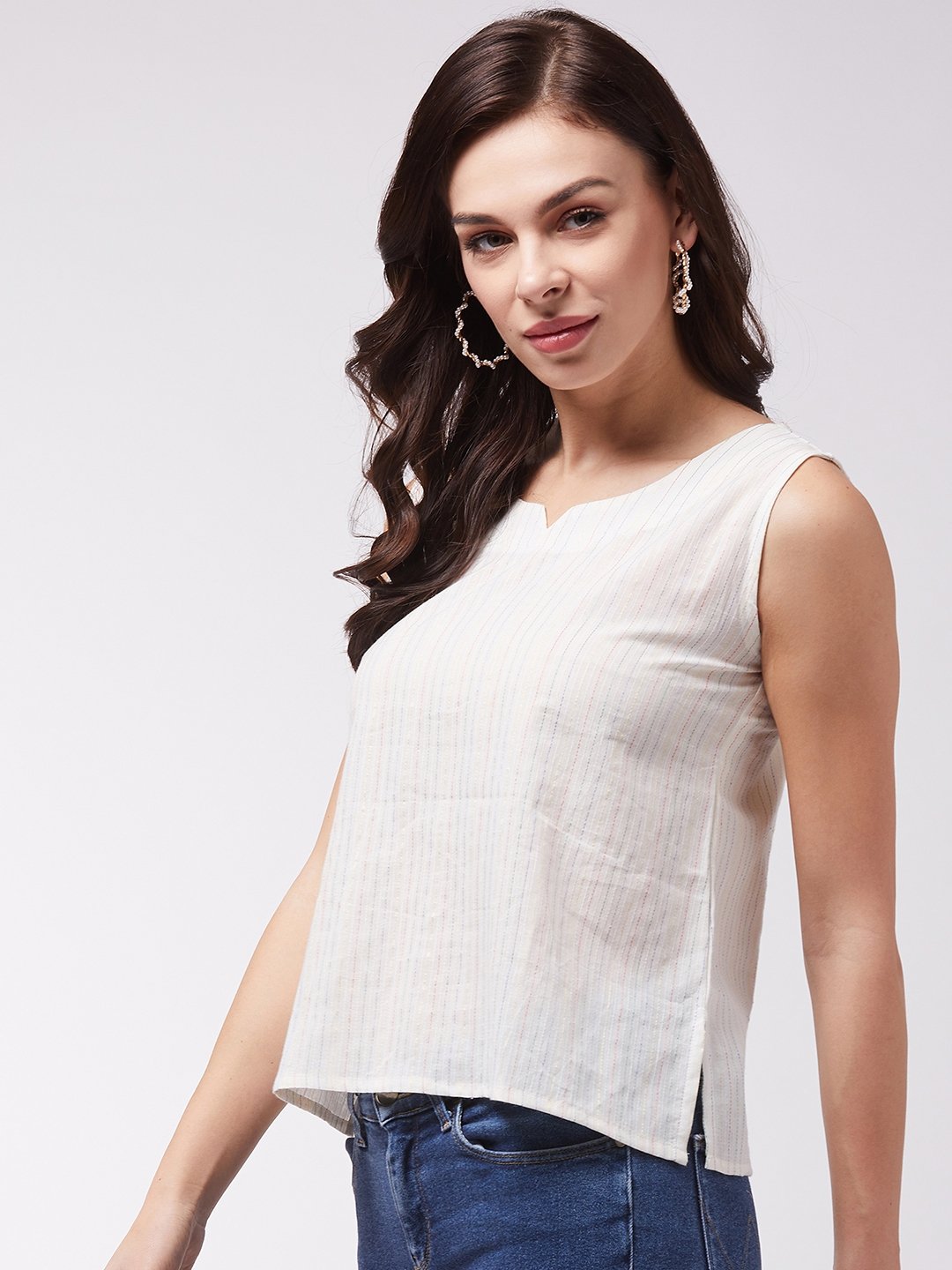 InWeave Off White Kantha Sleeveless Top - Swadesiicart