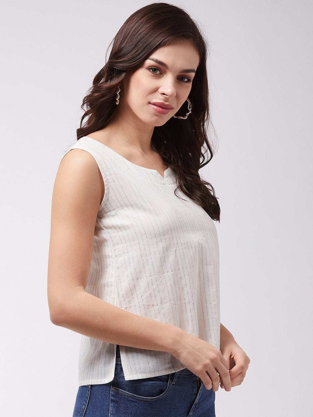 InWeave Off White Kantha Sleeveless Top - Swadesiicart
