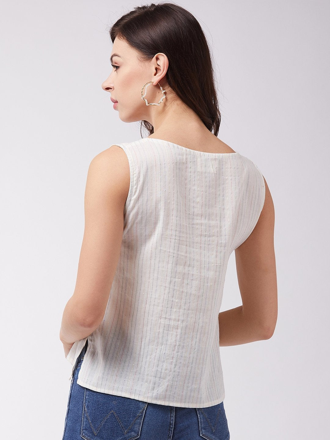 InWeave Off White Kantha Sleeveless Top - Swadesiicart