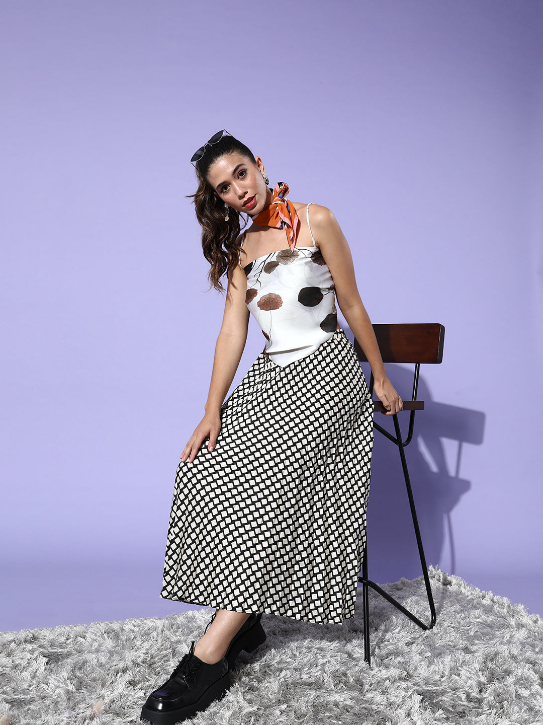 InWeave Cream Brown Leaf Print Scarf Top - Swadesiicart