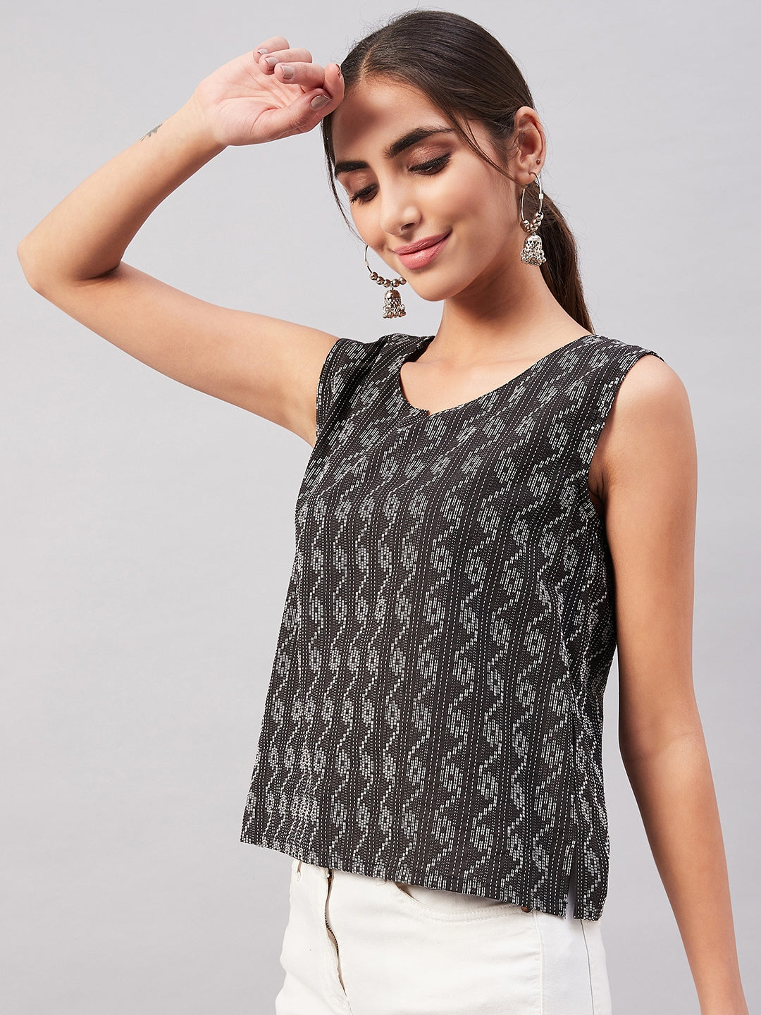 InWeave Black Kantha Ikkat Print W/U Top - Swadesiicart