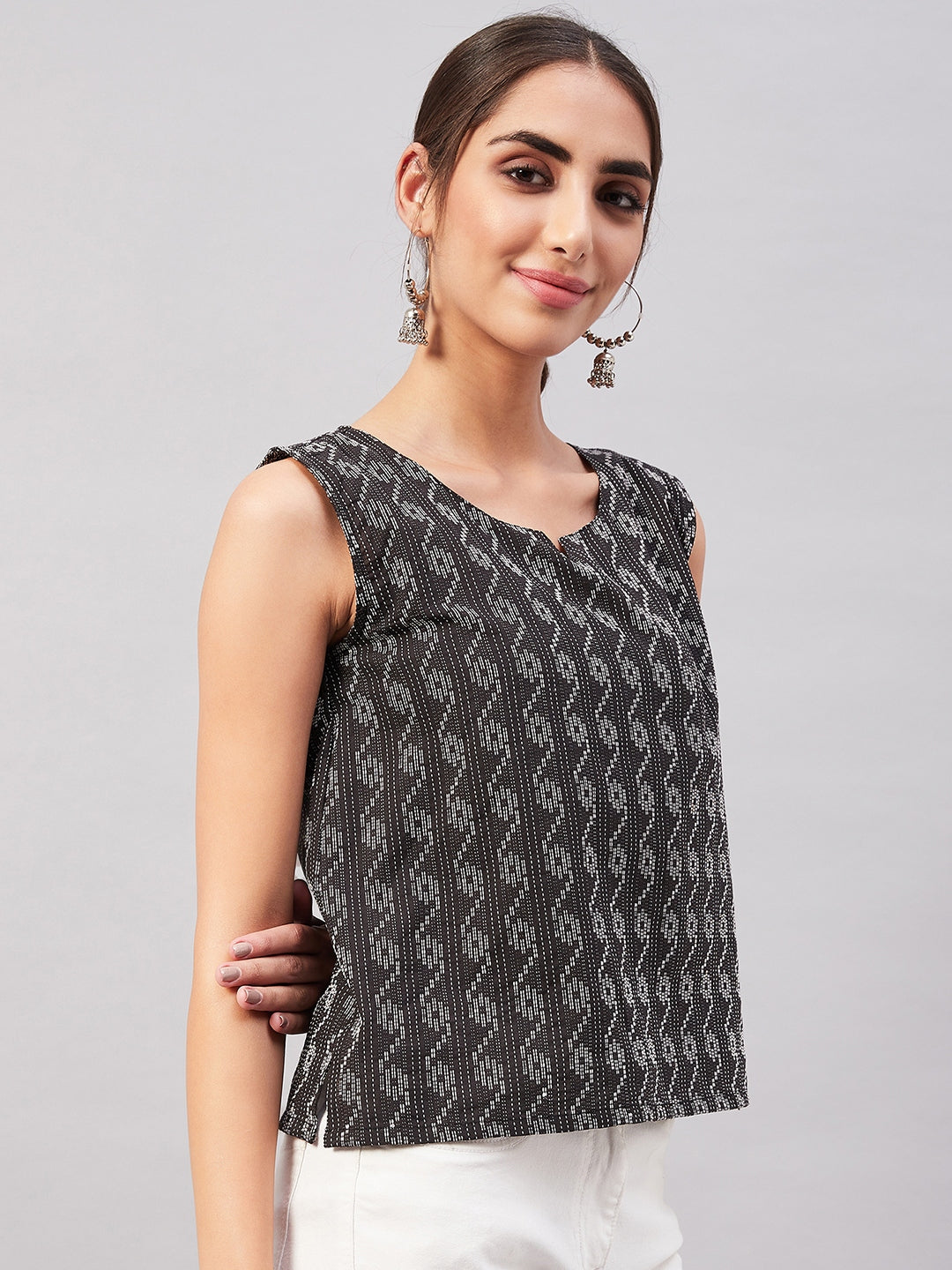 InWeave Black Kantha Ikkat Print W/U Top - Swadesiicart